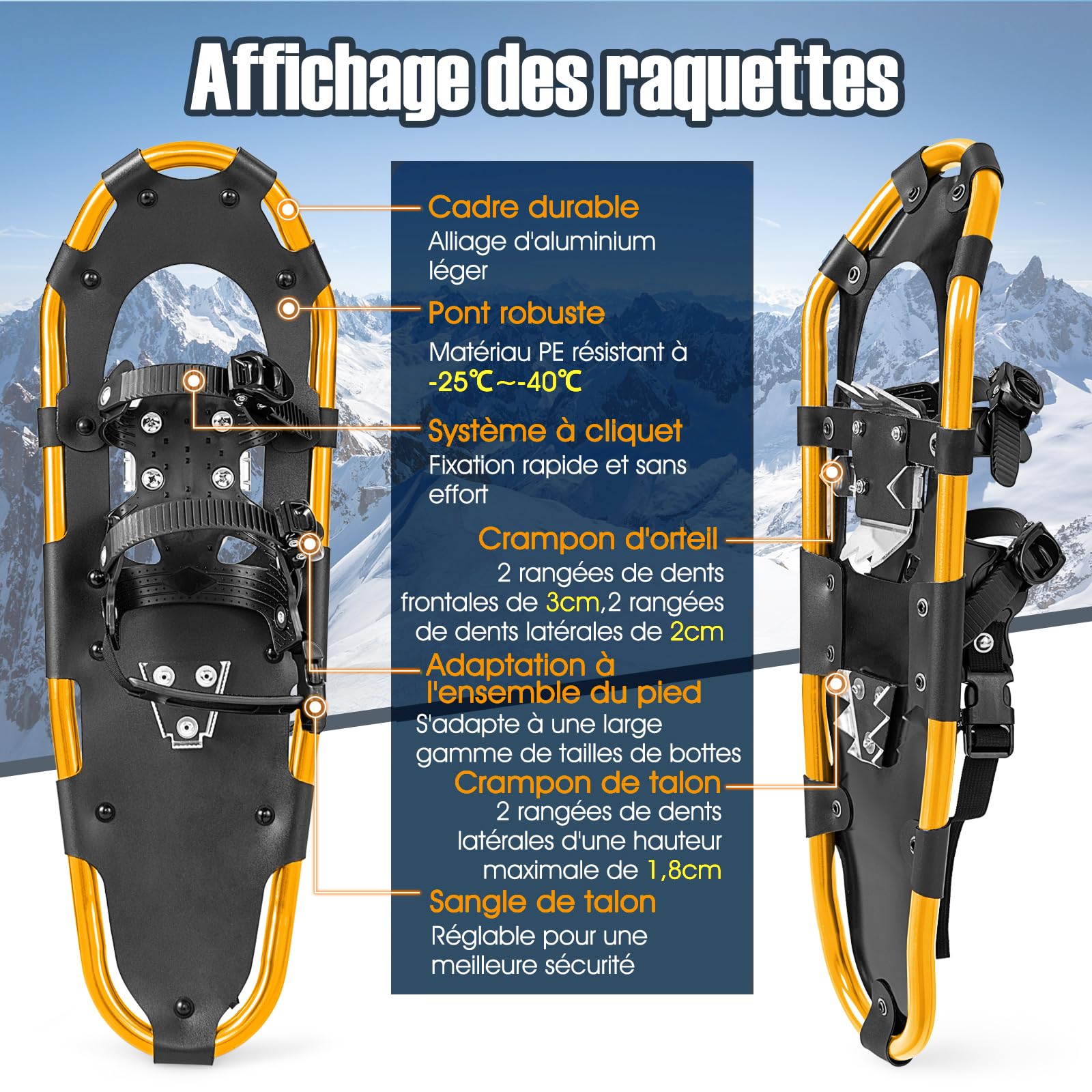 GYMAX Ensemble de Raquettes à Neige Légères en Alunimium, avec Bâtons de Randonnée Réglable en Longueur, Convient pour Taille de Chaussures 35-45EUR, Charge 30-130KG, pour Hommes, Femmes, Enfants