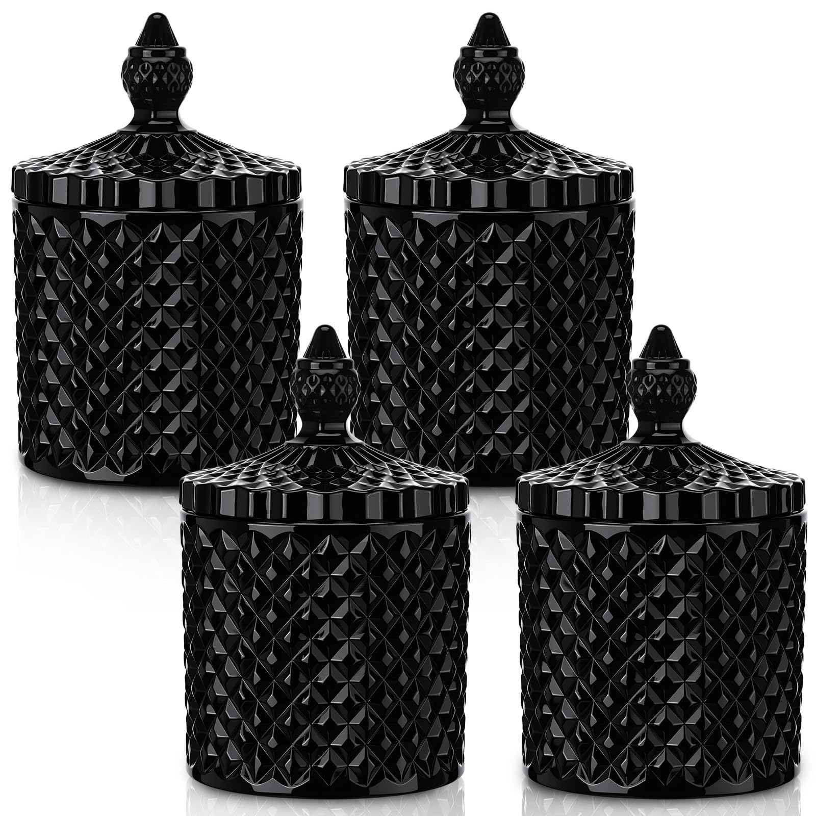 Photo 1 of Aoriher 4 Pcs Crystal Glass Candy Jar Set with Lids Home Decorative Storage Jars for Apothecary, Bathroom, Kitchen, and Pantry, Ideal for Cotton Swabs and Jewelry(Medium,Black)