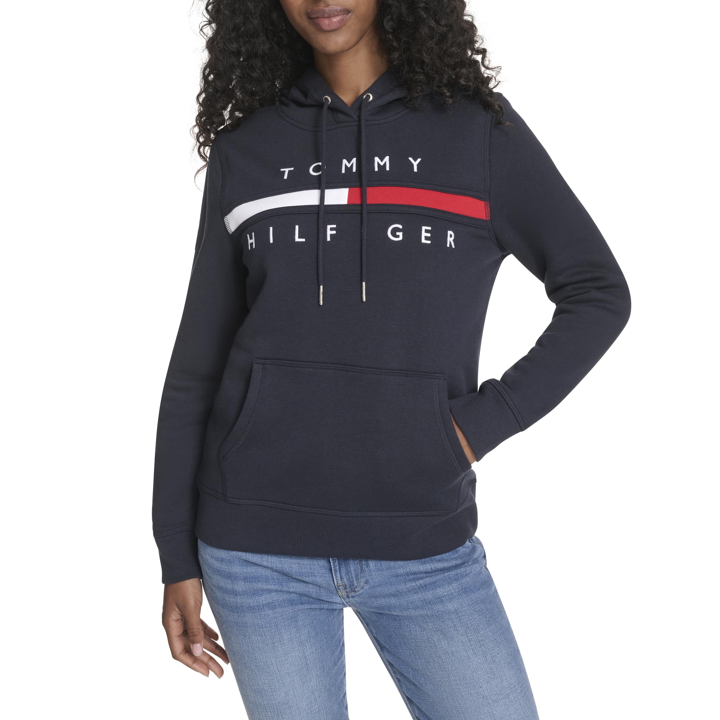 Tommy Hilfiger Women's Fleece Soft Pullover Hoodie Sweatshirt, Sky Captain, XL