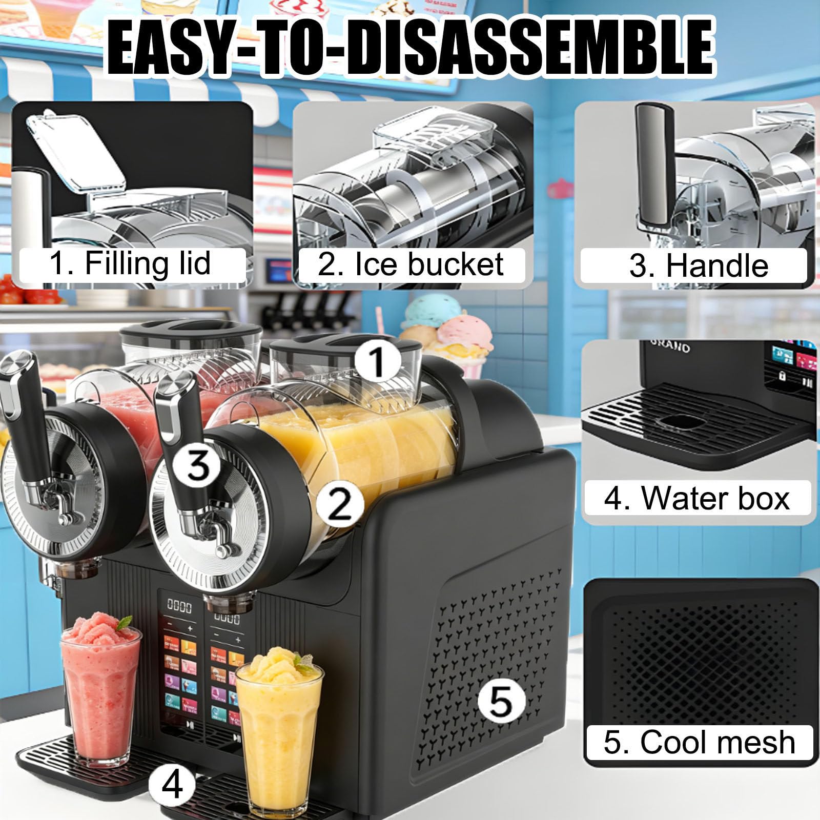 Máquina De Granizados De 430 W,7 En 1, Máquina De Helado Suave con Dos Depósitos De 2 litros, Limpieza Automática, Bloqueo Infantil, Dispensador De Bebidas Frías Black