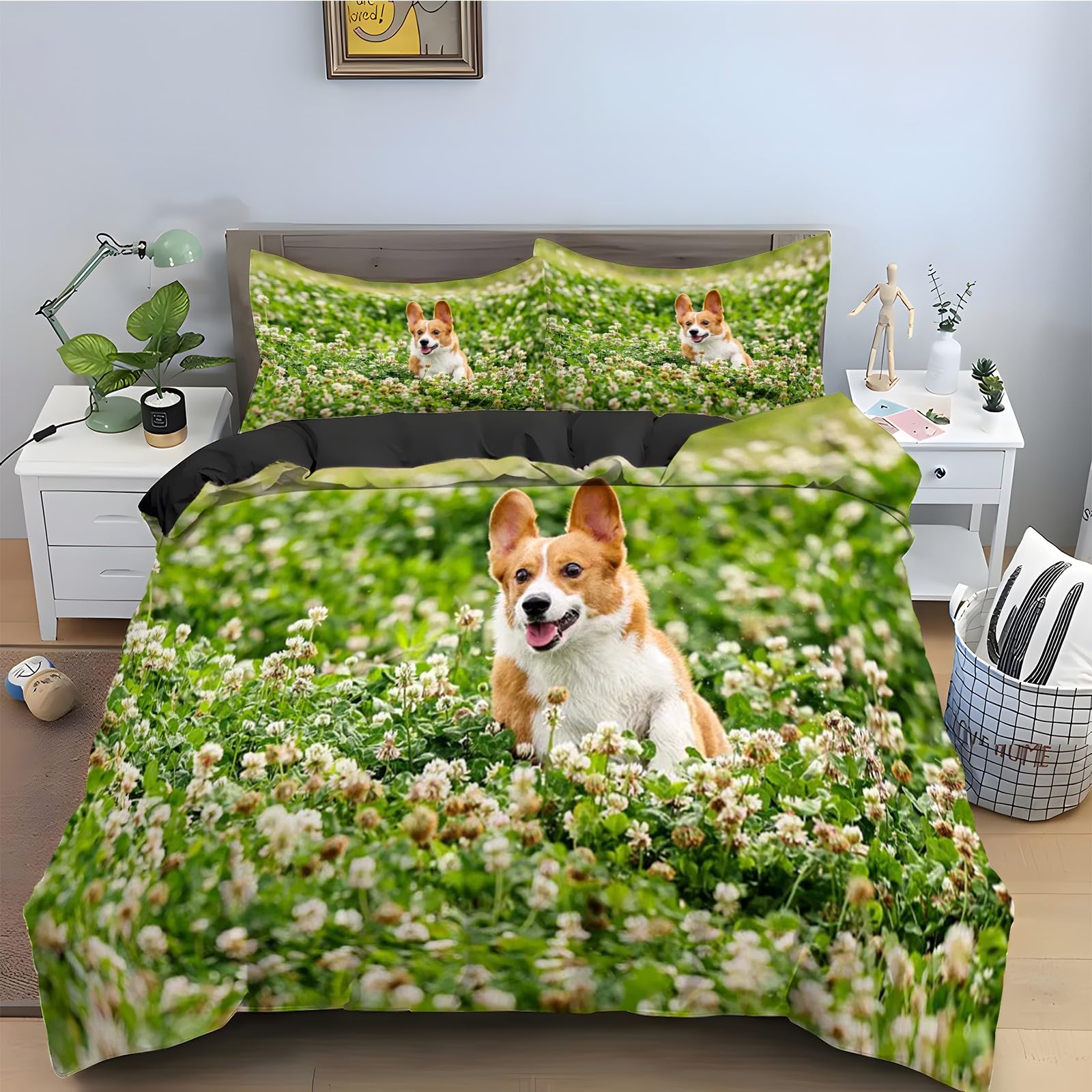 Parure de lit 90x190 corgi avec housse de couette en microfibre et 2 taies d'oreiller kz158