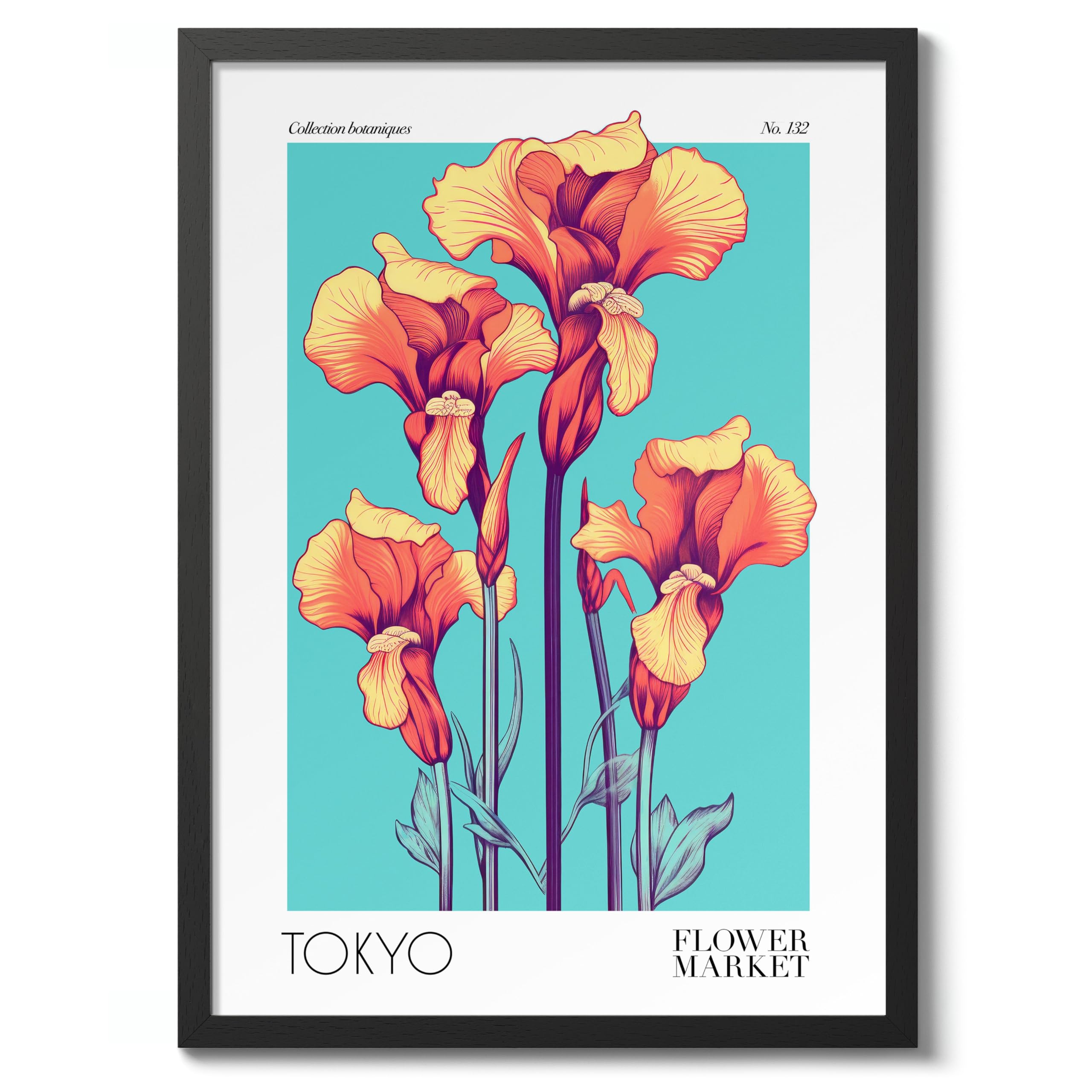 Tokyo Flower Market Poster Floral Wall Decor Print Abstract Colourful Minimalist Travel Bedroom Art, Archival Matte, A5 (Black Frame) - 21x14.8cm