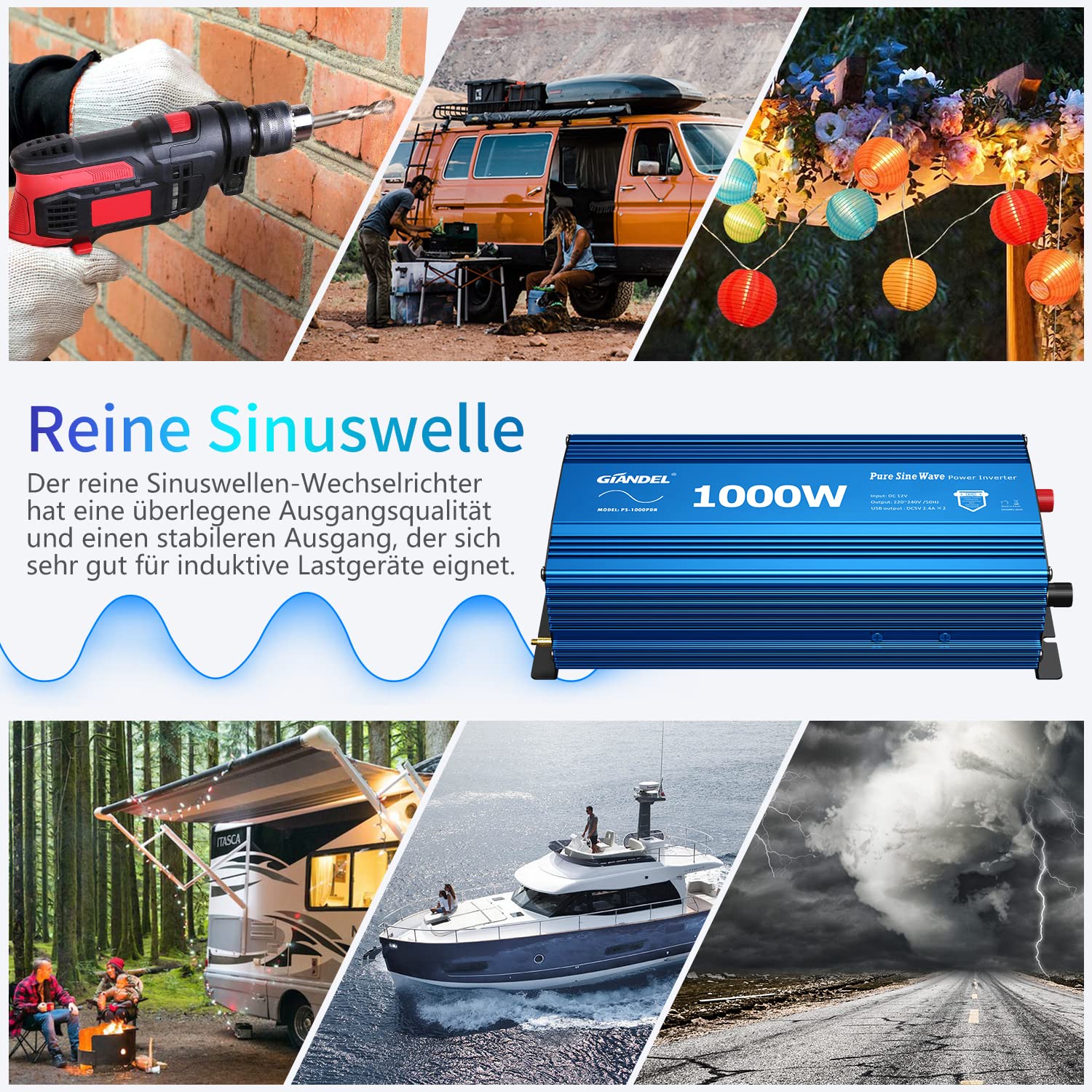 GIANDEL Przetwornica napięcia 12V na 230V 1000W czysty sinus - falownik samochodowy - z 2 gniazdami UE i 2 portem USB z Pilot do ekranu LCD