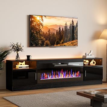 LEMBERI 80 Inch Fireplace TV Stand for TVs up to 90", 40" Electric Fireplace Entertainment Center with 20-Color LED, 300lbs Max Capacity Modern Wood Media Console Cabinet, Black