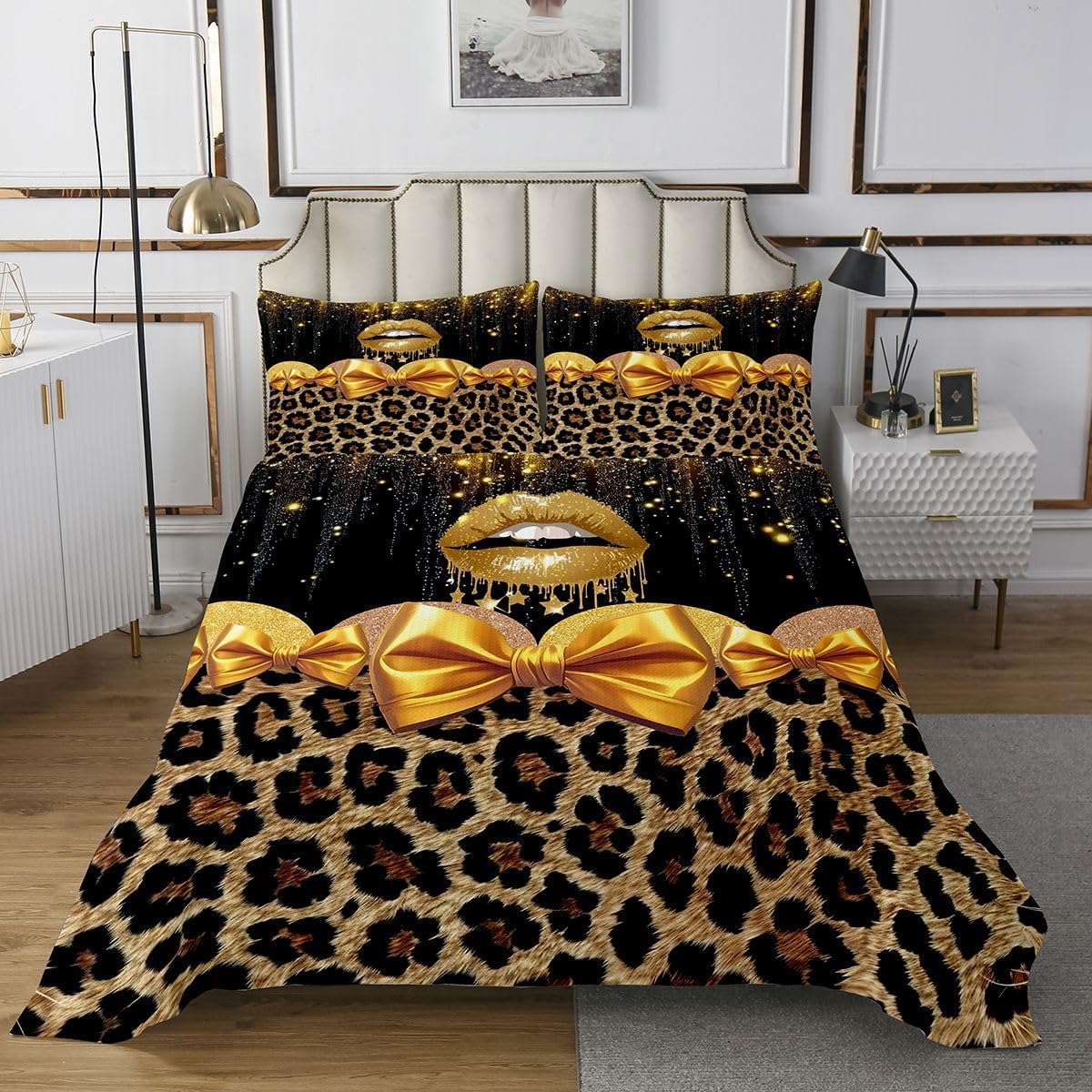 Manfei Lips Bowknot Bedspread Twin Size Bedding for Kids Teens Bedroom Leopard Print Decor Coverlet Set Wild Animals Fur Quilt Set for All Season,2 Pcs with 1 Pillowcase