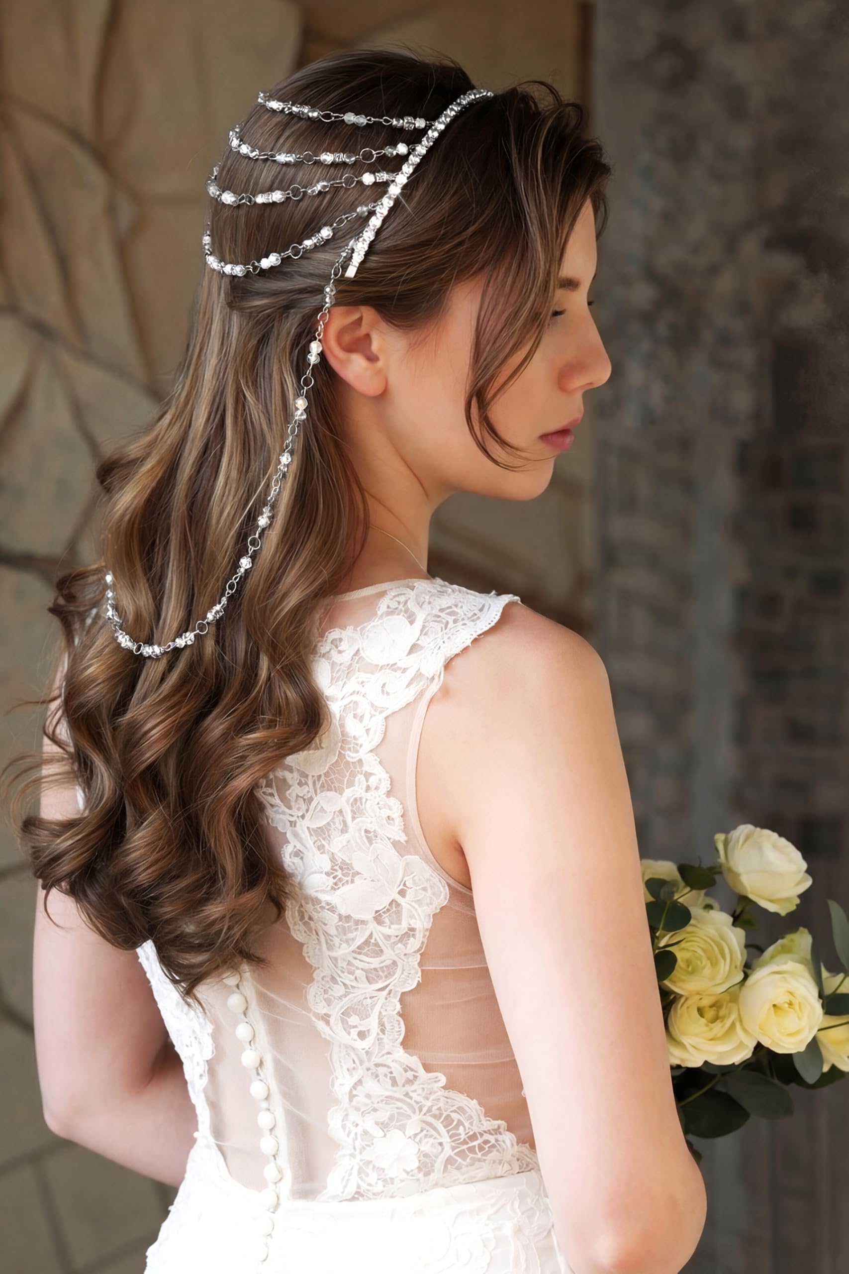 BABEYOND Cappello vintage anni '20 con perline – Accessorio per capelli con catena di cristallo, accessorio per capelli bohémien per occasioni speciali (argento)