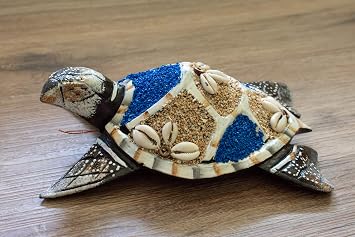 G6 Collection Wooden Tortoise Turtle Home Decor Sculpture Statue Hand Carved Decorative Accent Figurine Handcrafted Handmade Seaside Tropical Nautical Ocean Coastal Decoration Wall Hanging Blue