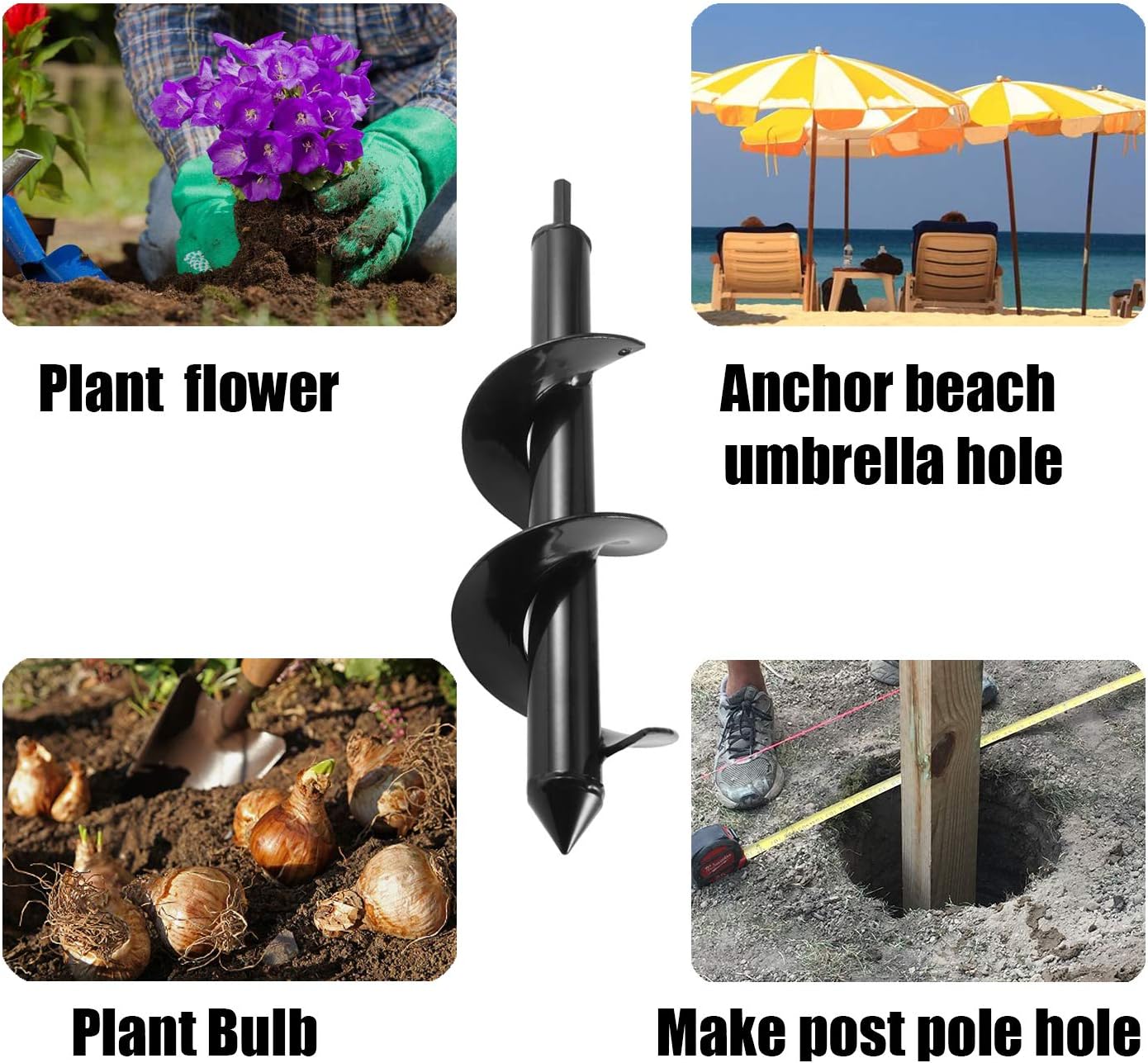 Jayzod 4"x12" Solid Auger Drill Bit for Planting，Garden Auger Spiral Drill Bit,Bulb & Bedding Plant Augers,Plants Drill bit for 3/8” Hex Drive Drill Light Black - - 