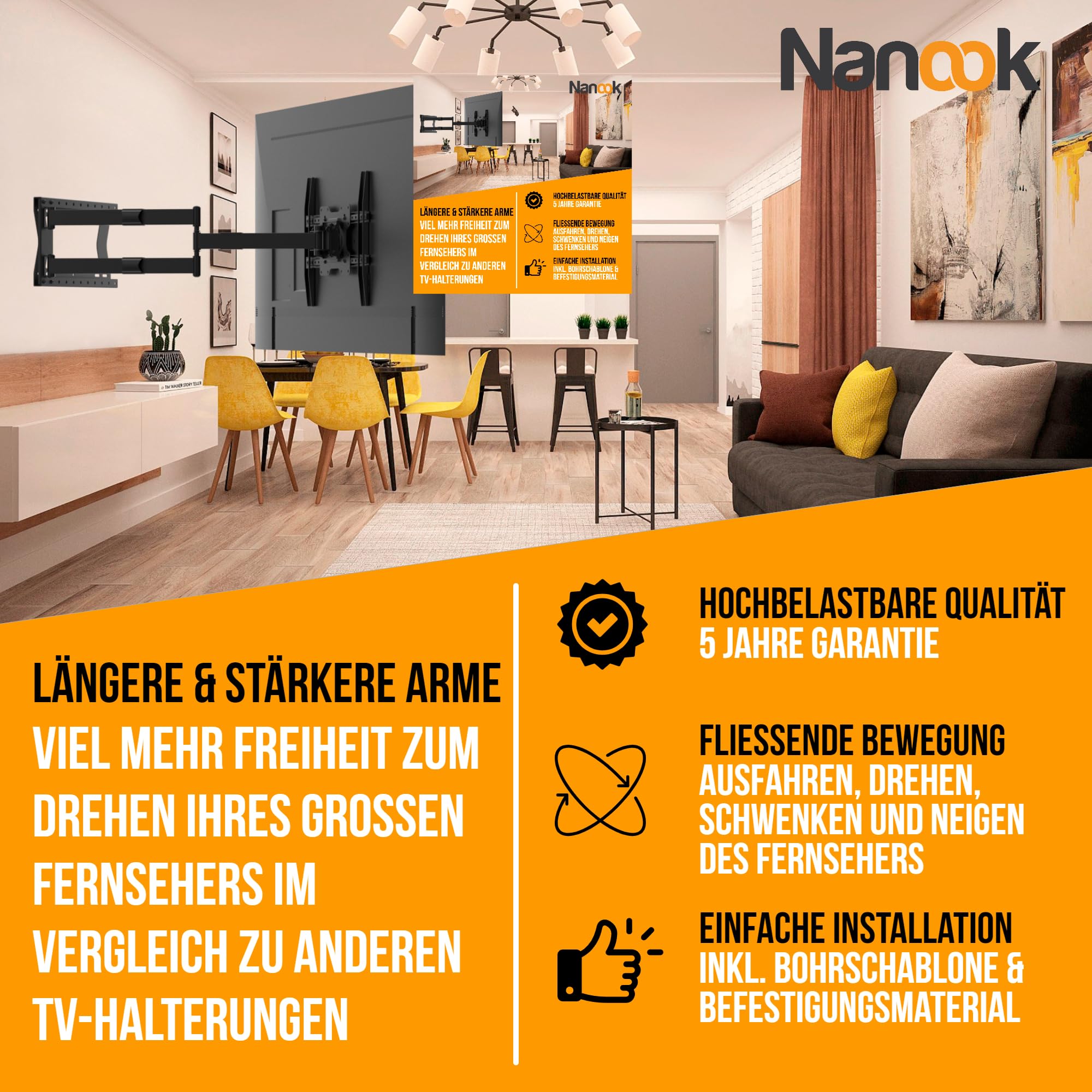 Nanook Long 2100 Langarm TV-Wandhalterung 42-75 Zoll, 100 cm Auszug, 60 kg | Extrem Robuste Konstruktion, Extra-Lange Arme Für Maximalen Schwenkbereich (180°) Und Große Reichweite, Max. VESA 600x400