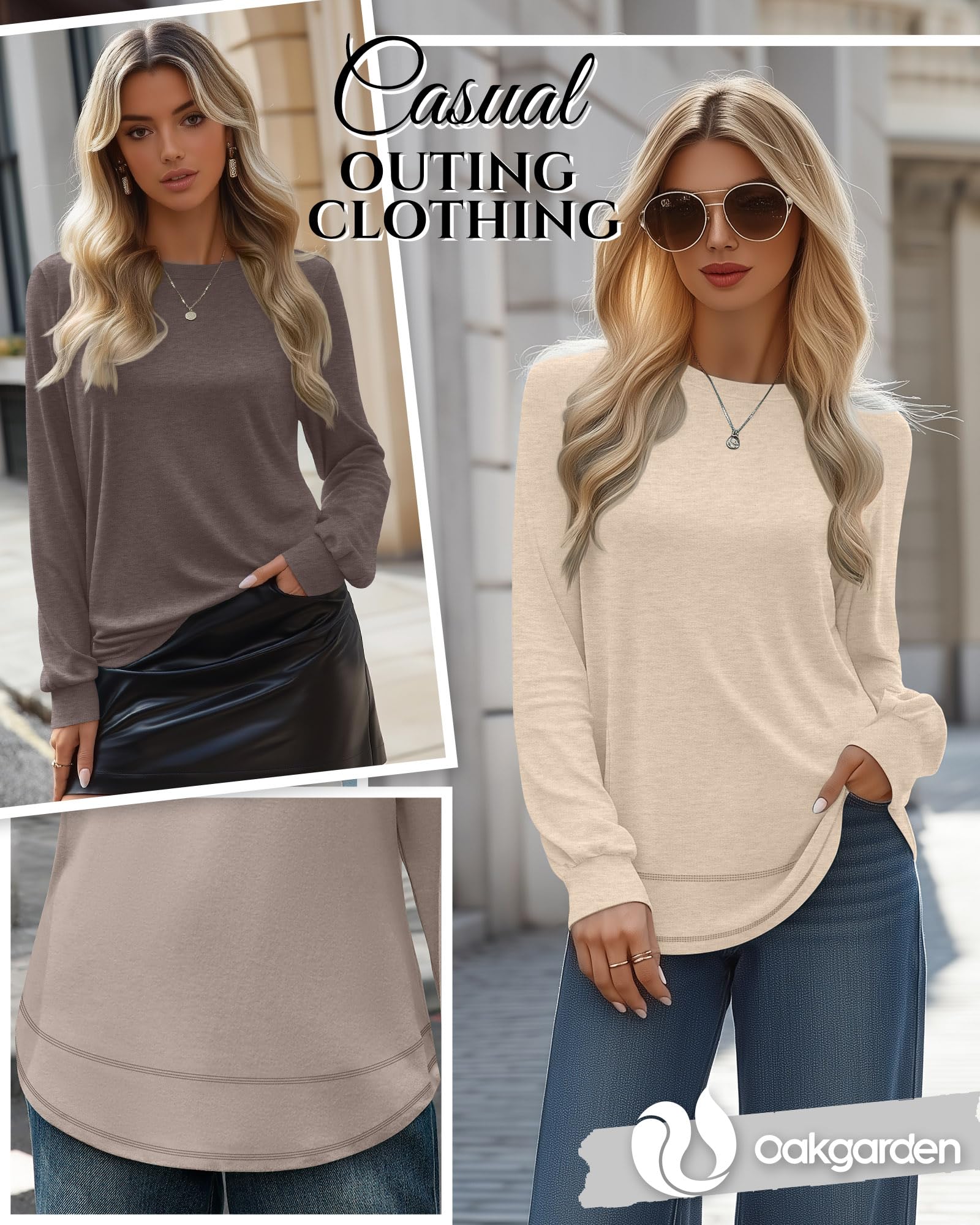 4 Pack Women's Long Sleeve Shirts, Crew Neck Cotton Tees Curved Hem Tunic Pullover Sweatshirts Knit Loose T-Shirts