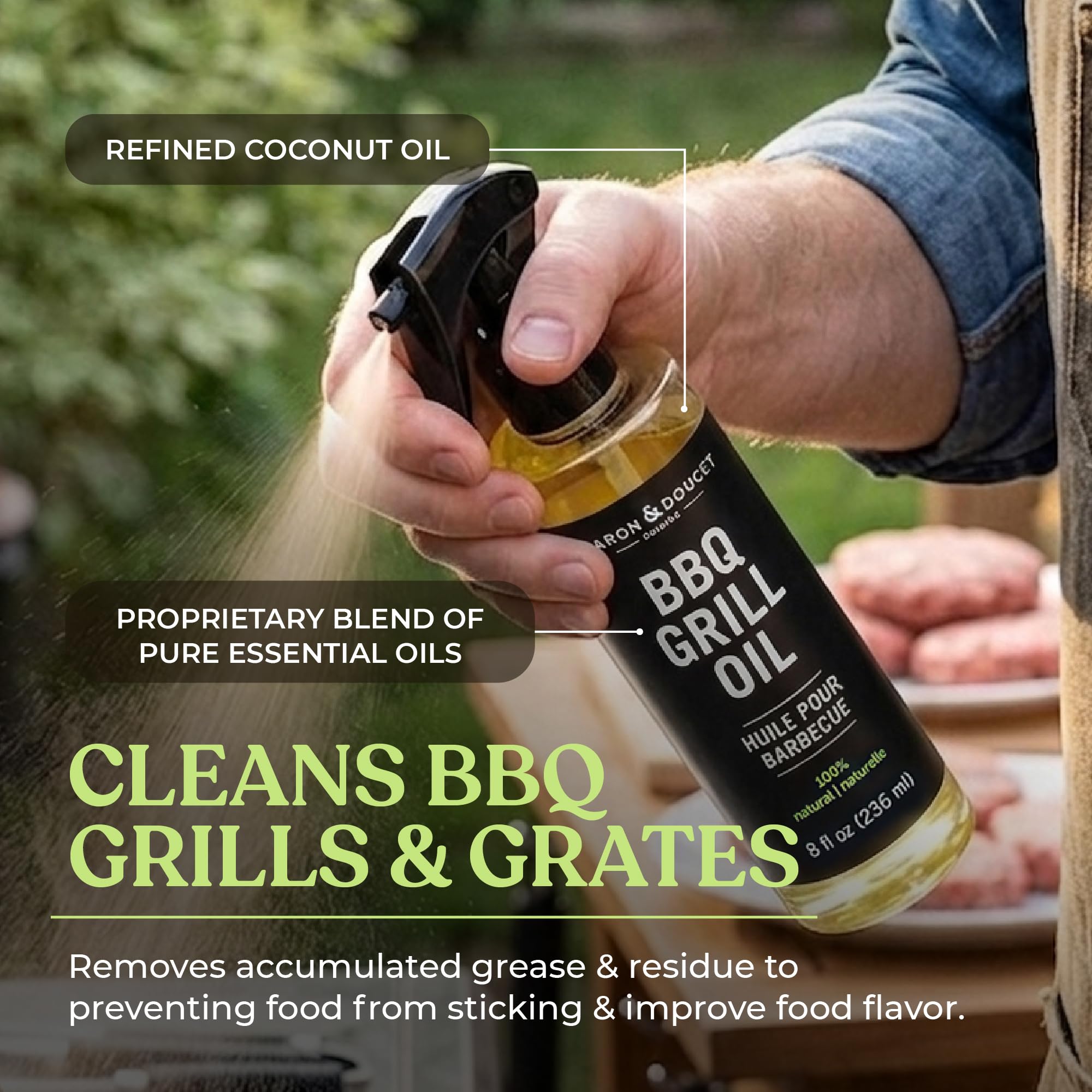 Caron & Doucet - Aceite limpiador para parrillas de barbacoa, 100% a base de plantas y vegano, ideal para limpiar parrillas y rejillas de barbacoa, uso con raspadores de madera, cepillos, accesorios