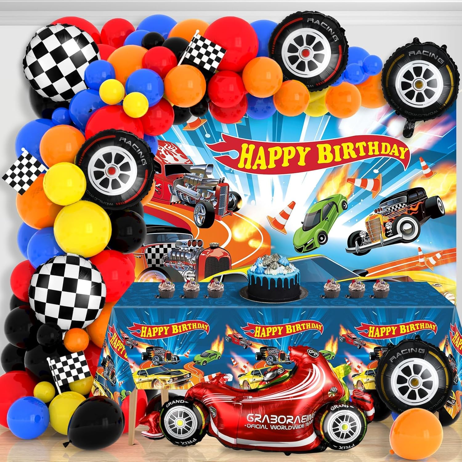 134Pcs Wheels Race Car Birthday Party Supplies Race Cars Balloon Garland Arch Kit Backdrop Tablecloth Monster Truck Wheels Checkered Foil Balloons Racing Signs bDecorations