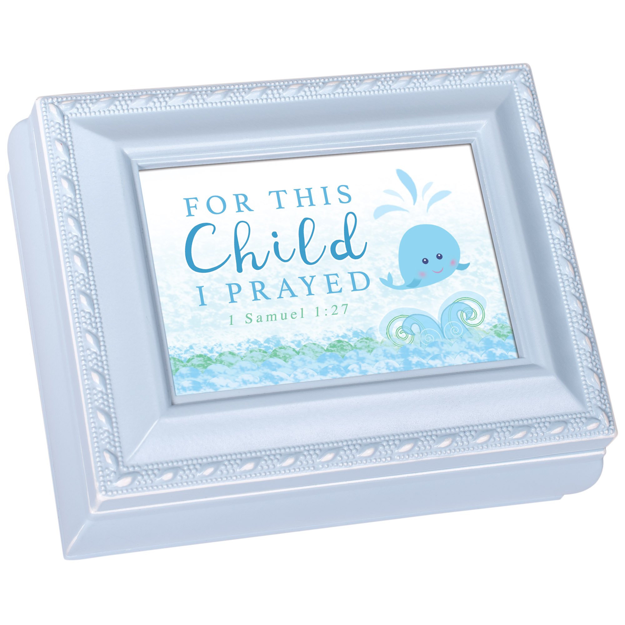 Caja de recuerdos cuadrada para bebé, diseño de cuerda azul con texto "For This Child I Prayed"