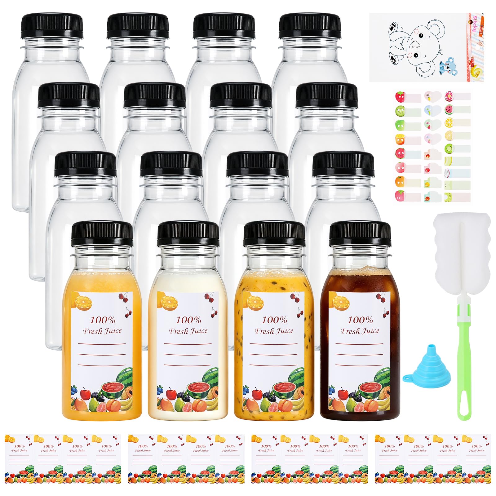 Lot de 16 bouteilles vides réutilisables de 200 ml - En plastique - Avec couvercles - Bouteilles de lait transparentes avec 5 autocollants à fruits - Bouteilles vides en plastique à remplir pour