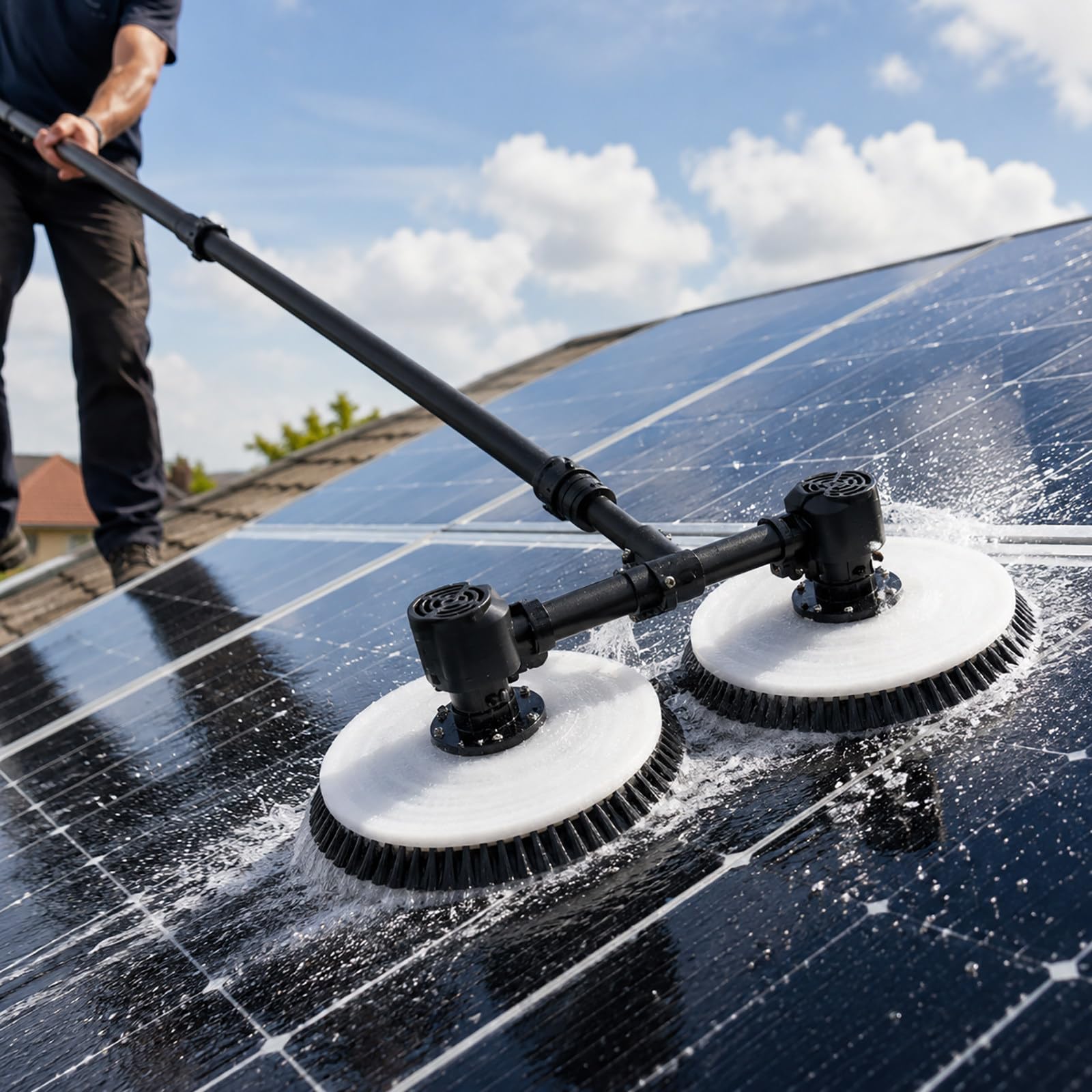 vnmudzeo Solar Panel Cleaning Kit with Pole – Dual Head Electric Rotating Brush, Nylon Bristle PV Panel Cleaner for Residential and Commercial Rooftops 7.5m(24.6ft)