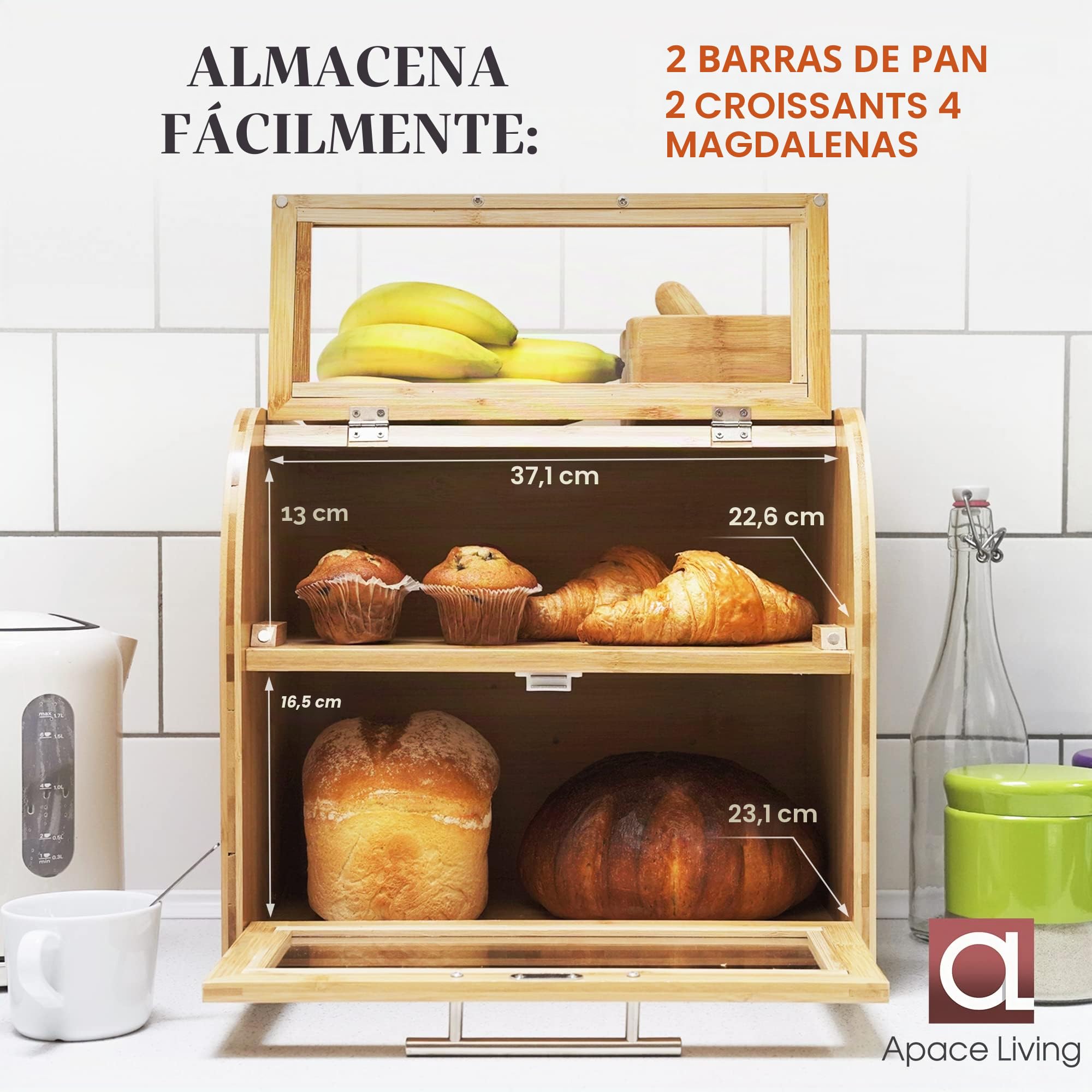 Apace Living Arise Panera de Para Encimera de Cocina, Extra Grande de 2 Estantes Con Ventanas Transparentes Y Rejillas de Ventilación - Conserva Pan, Panecillos, Bollería 40 x 26 x 37, Fácil Montaje