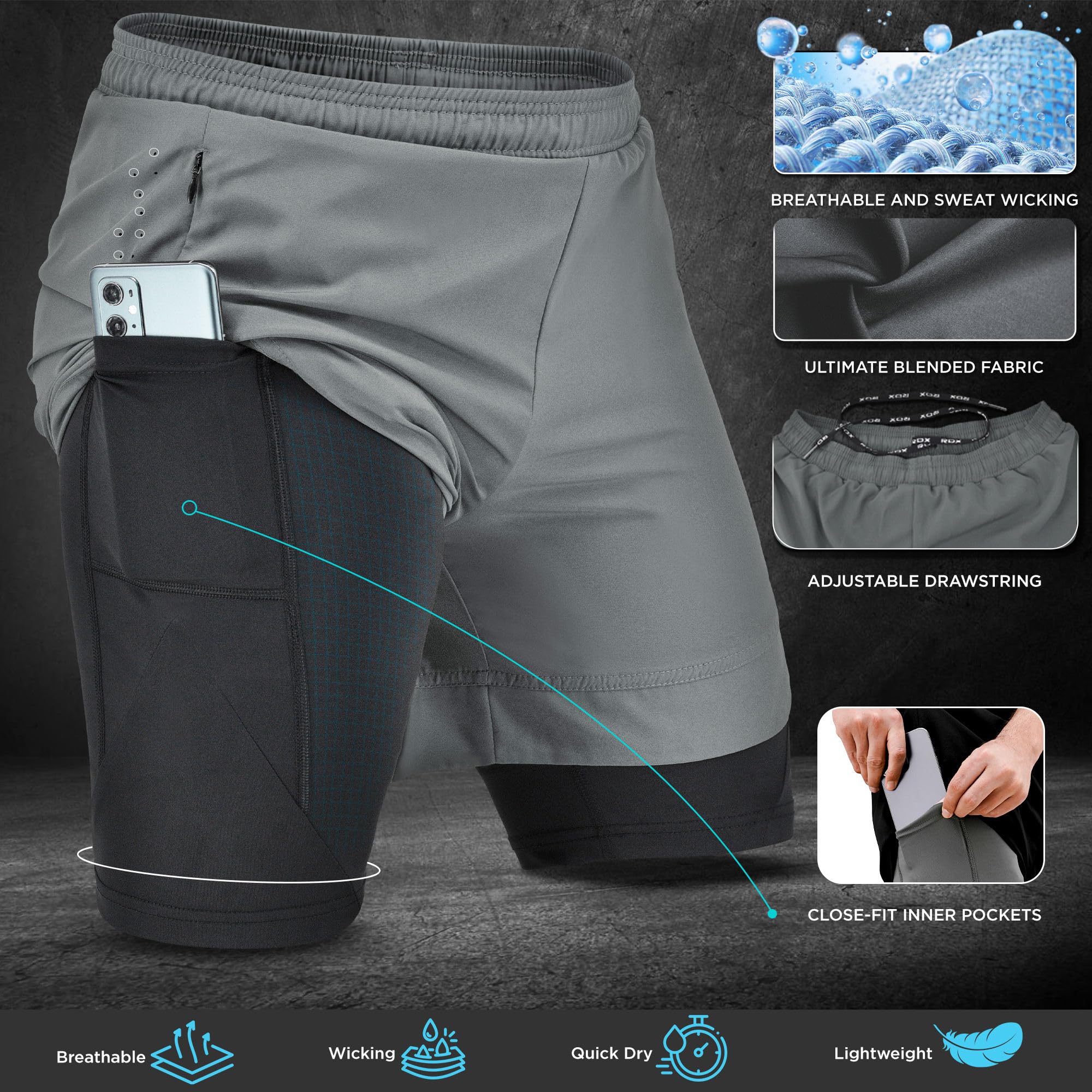 RDX Short de Course pour Homme, Sport de Course Bermuda, élastique léger à séchage Rapide avec 2 Fermetures éclair et 2 Poches pour téléphone, pour l'entraînement, Le Jogging, la Natation, Le
