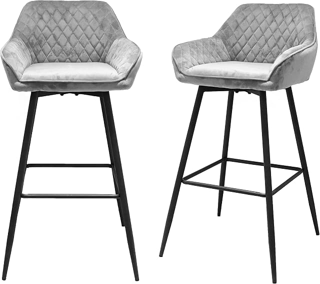 Requena Pair of Bar Stools Fabric Upholstered seat with Armrest & Backrest with Black Metal Legs Kitchen Breakfast Barstool Counter Chair BAR01 (VELVET-LIGHT GREY)