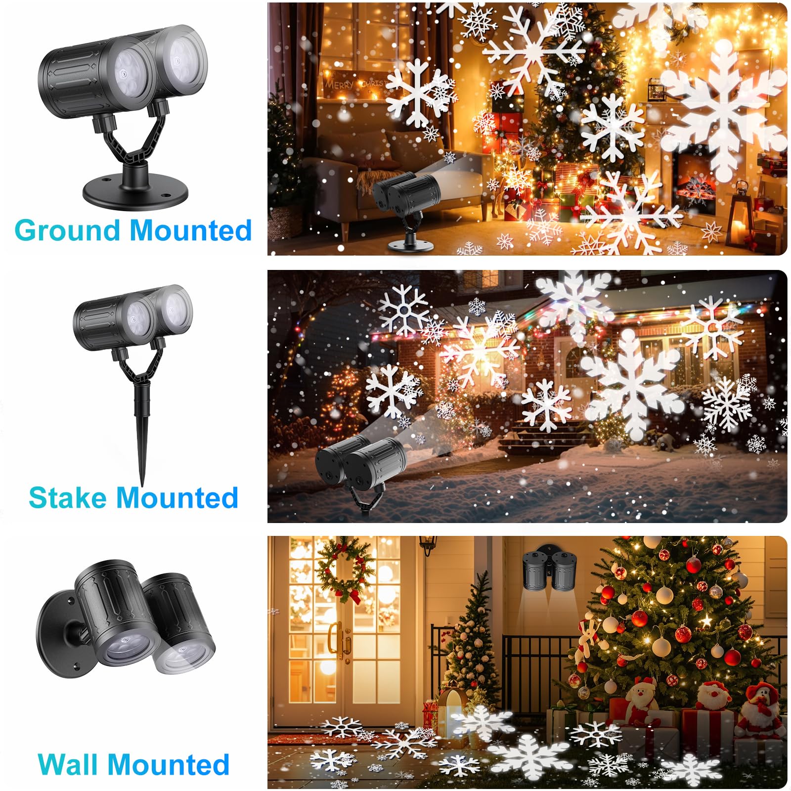 MuliVid Weihnachtsprojektor für den Außenbereich, Doppelkopf, LED-Schnee-Lichter, wasserdicht, für den Außenbereich, Weihnachten, Party, Terrasse, Gartendekoration