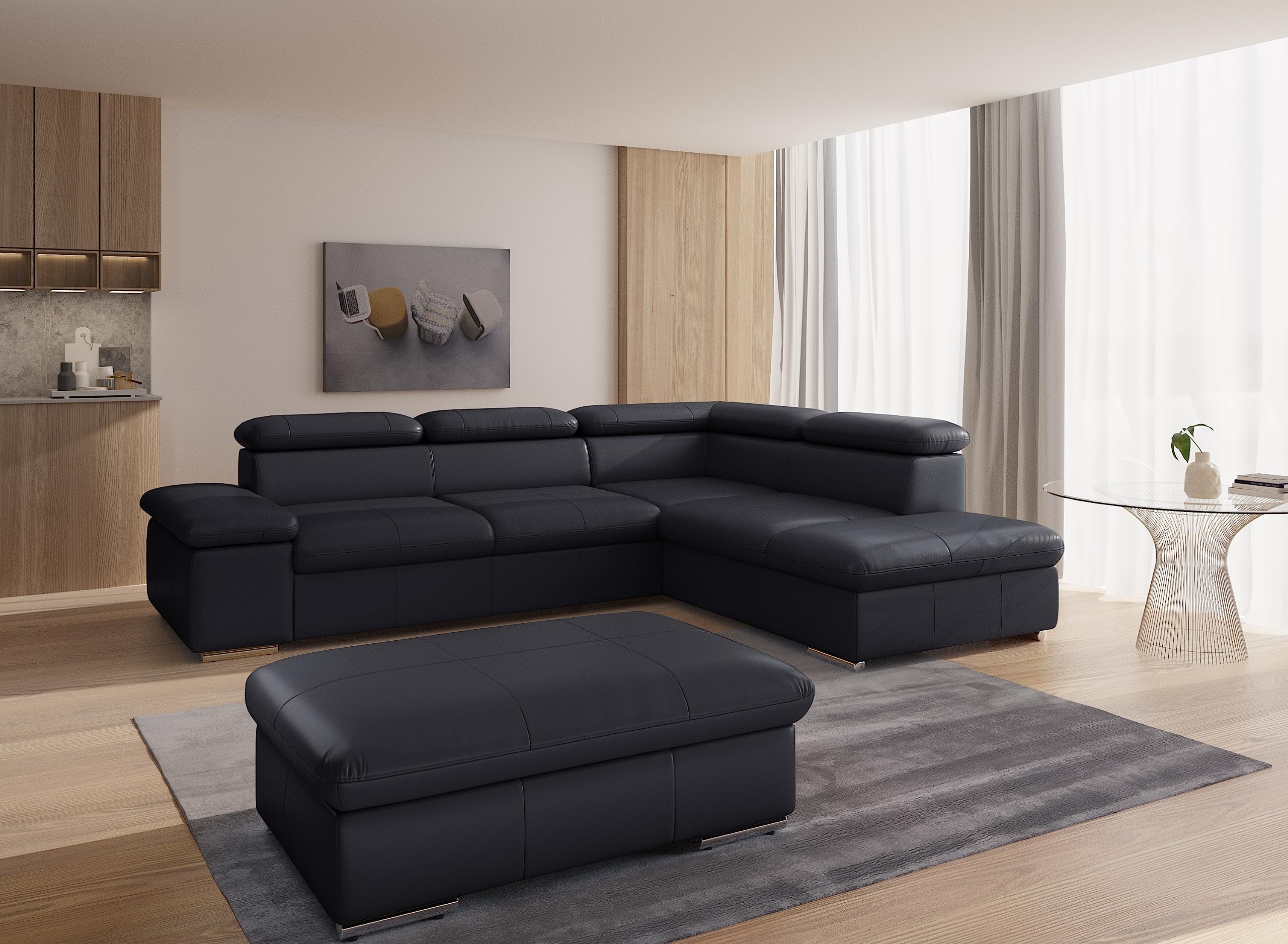 CAVADORE Leder-Ecksofa Valerie mit Ottomane / Eckcouch mit Kopfteilverstellung + Metallfüßen / 272 x 73 x 226 / Echtleder Schwarz