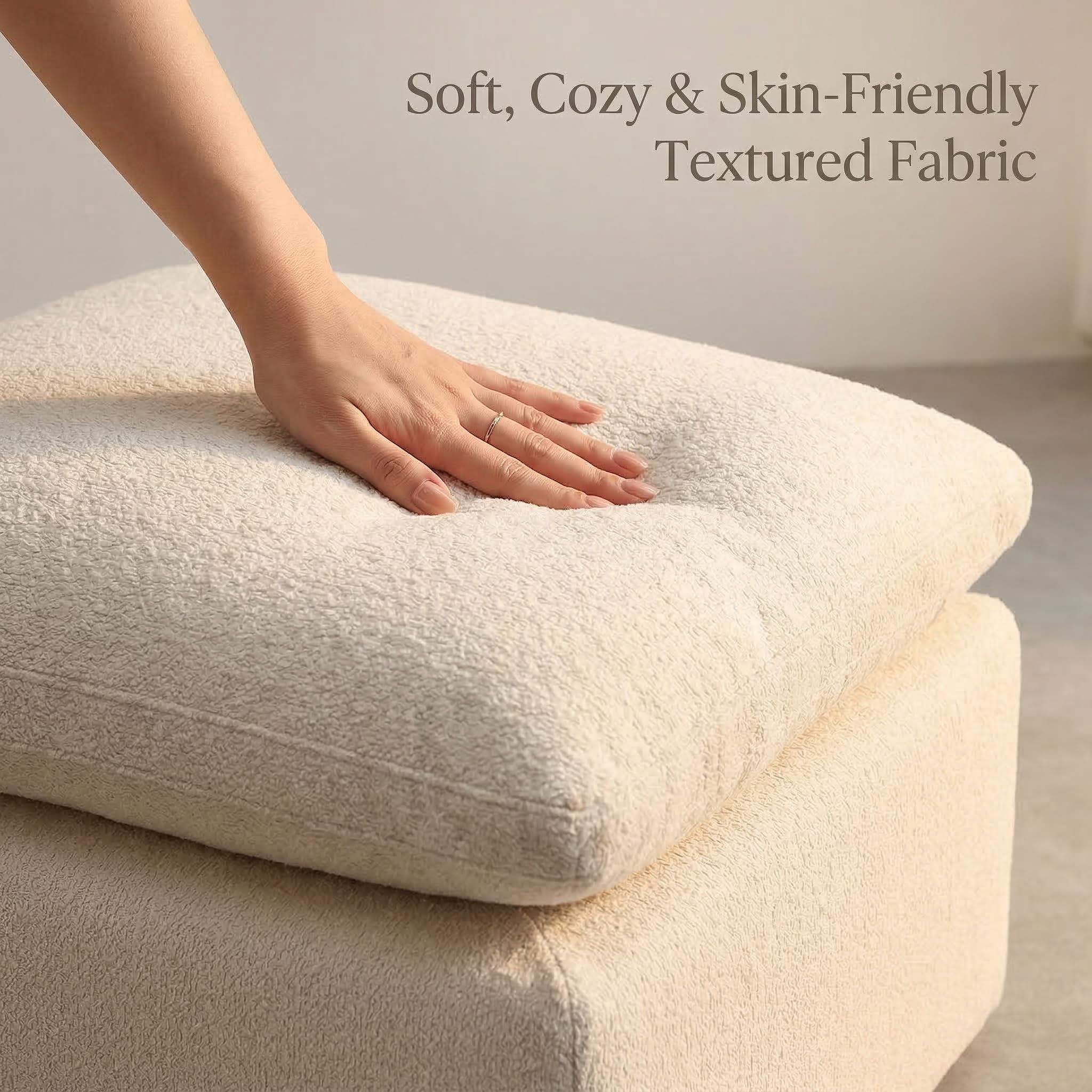Condition photo showing New/Like New for cream square ottoman footstool, cloud-like pillow-top soft-textured ottoman coffee table, compact footstool for living room, bedroom vanity stool, low-profile floor cushion forsmall spaces