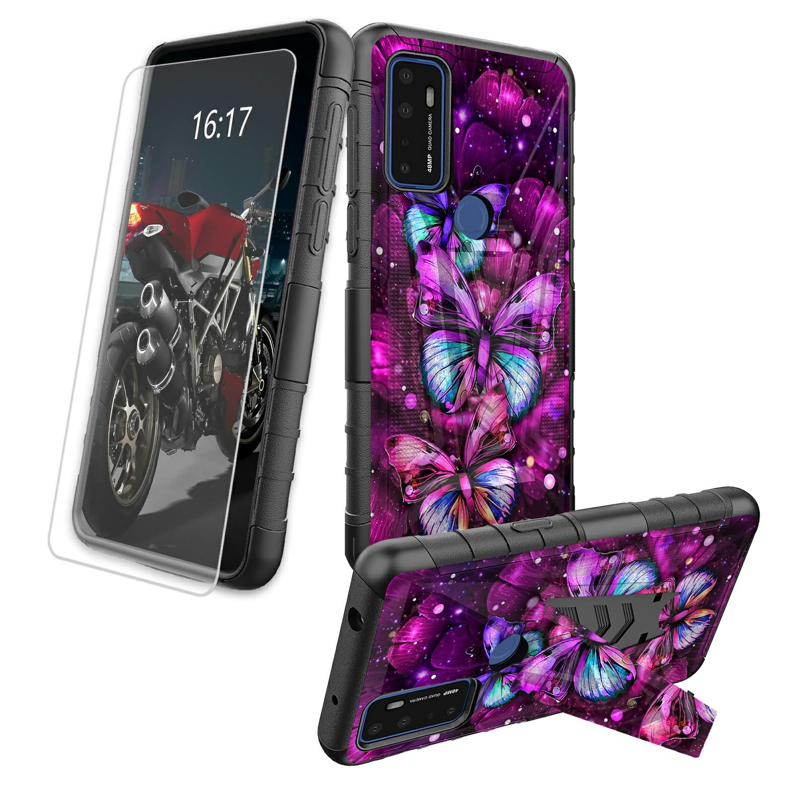 BREIDMKFM Case for Cricket Dream 5G / AT&T Radiant Max 5G / Cricket Innovate 5G with Screen Protector, Heavy Duty Built-in Kickstand Shockproof Phone Case for Cricket Dream, Pink Butterflies