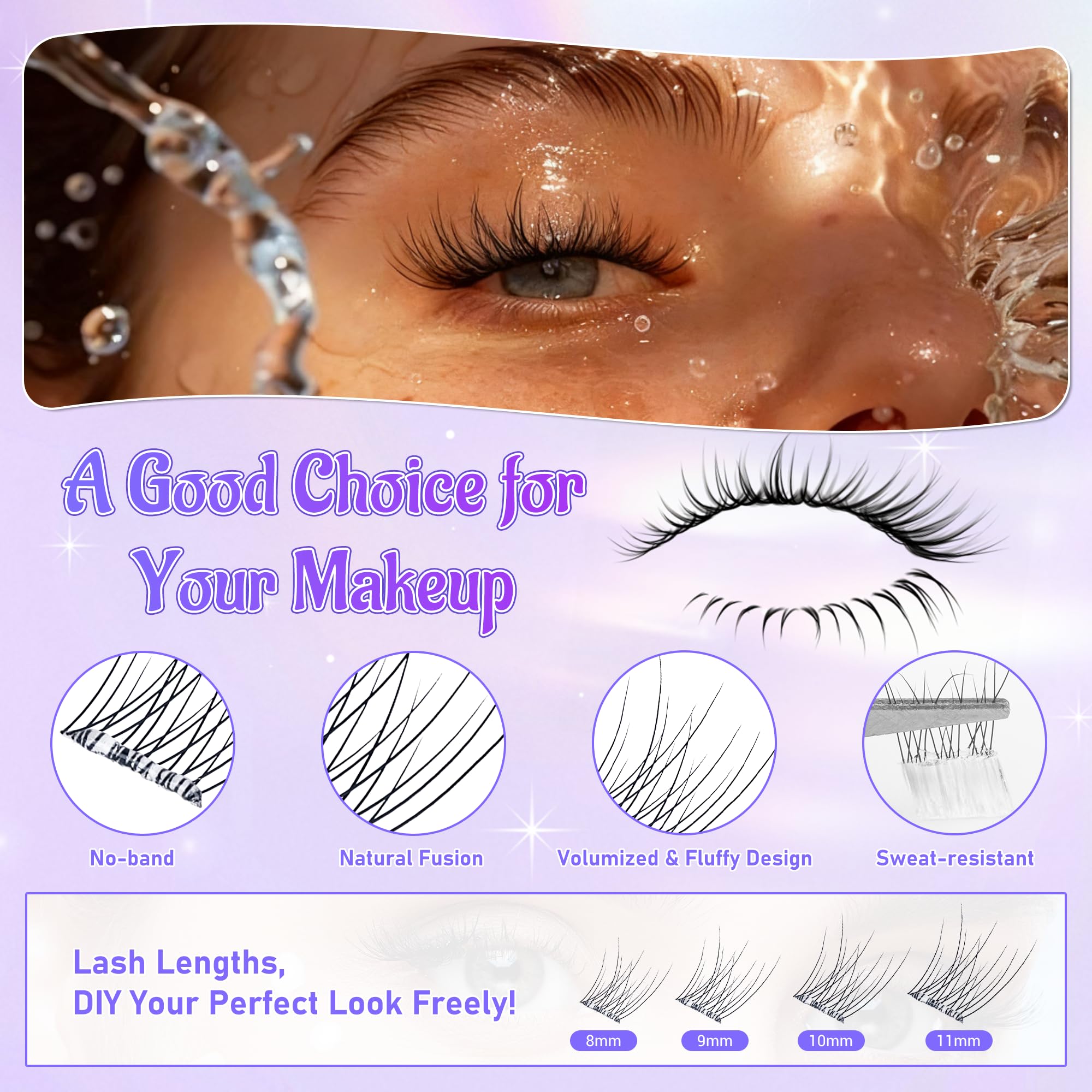 Selbstklebende Wimpern, einzelne Wimpern-Cluster für natürliche Wimpern-Cluster, Vorwimpern-Kleber, Wispy-Cluster-Wimpernverlängerungs-Set, einfach anzubringen, 120 Stück, 8 mm, 9 mm, 10 mm, 11 mm