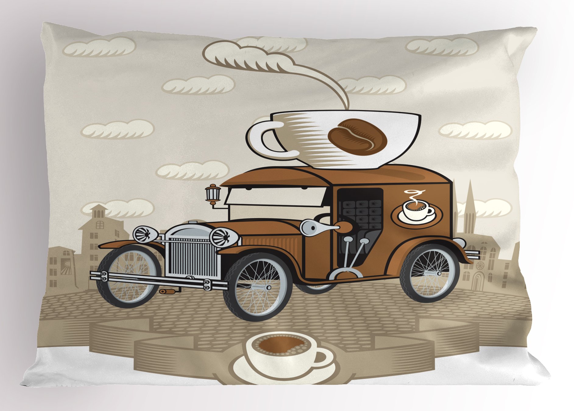 Ambesonne Cars Pillow Sham, Old Fashioned Car with Coffee Cup on The Top Caffeine Beverage Hot Drink, Decorative Standard Queen Size Printed Pillowcase, 30
