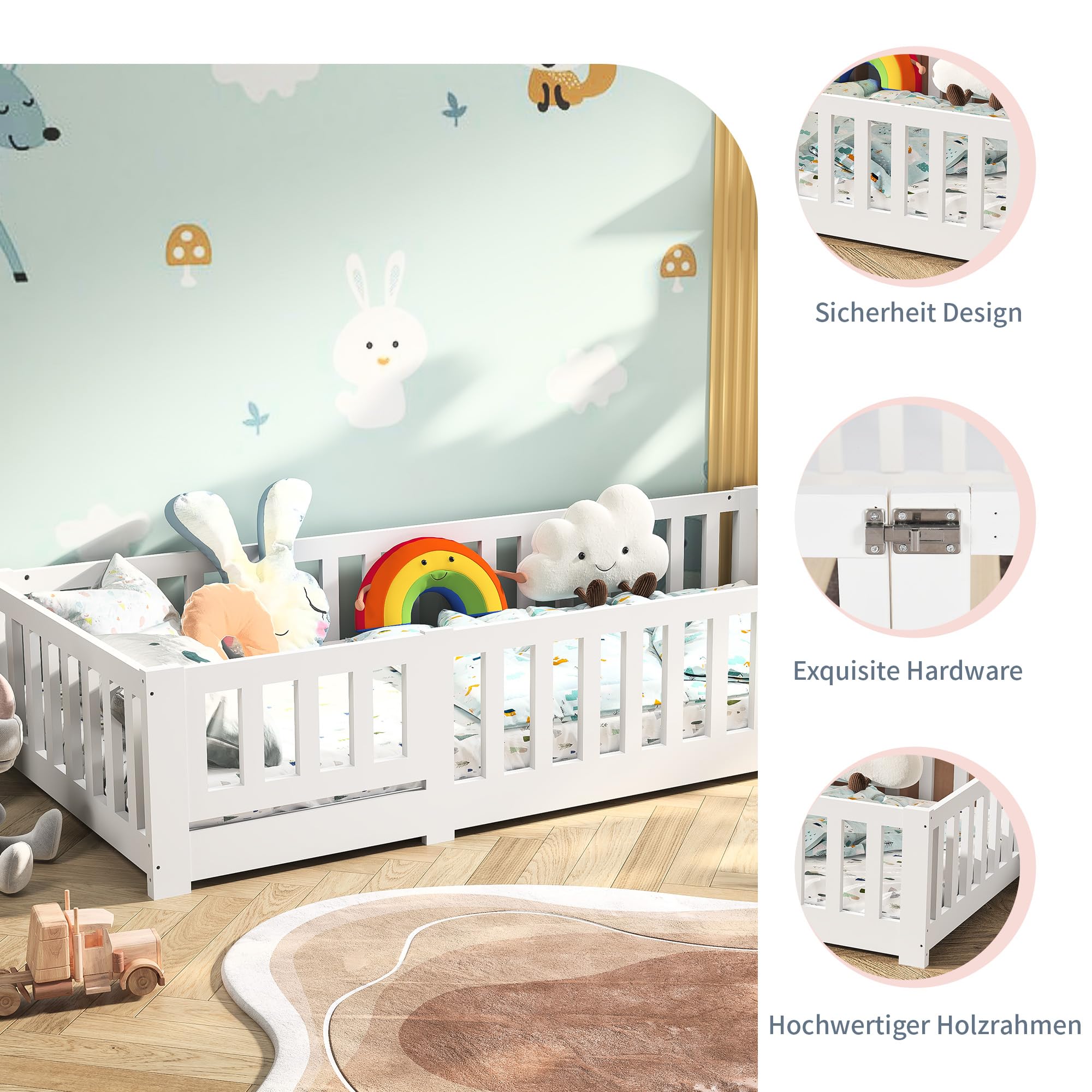 LIVLUX Lit Enfant 90x200 cm,Lit au Sol,avec Barrière de Sécurité et Sommier à Lattes,lit Montessori,Bois Massif Pin, Blanc,pour Chambre de Garçons Filles (90 x 200 cm)