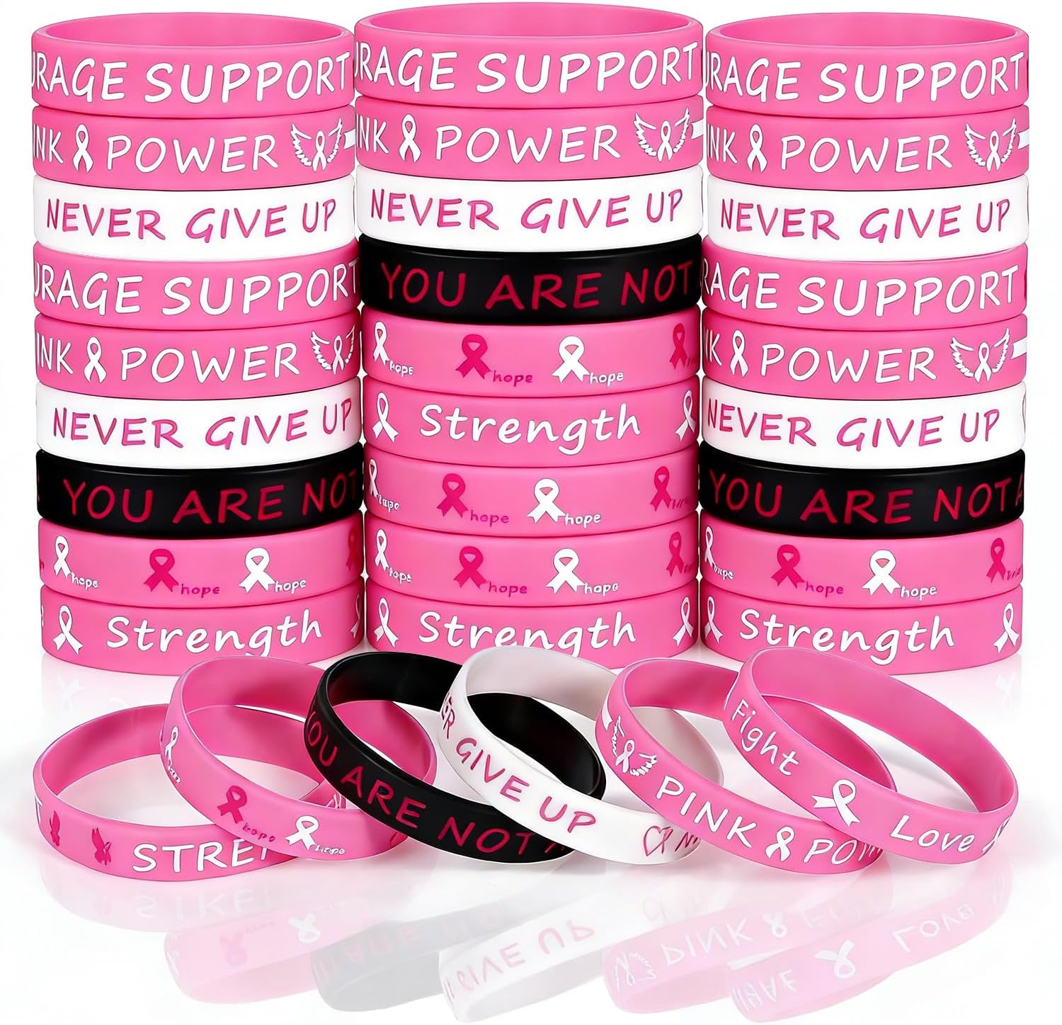60 PCS Pink Ribbon Breast Cancer Bracelets, Rubber Bracelet Party Favors Supplies Inspiring Silicone Wristbands, with Hope Strength Breast Cancer Awareness Accessories Survivor for Women.
