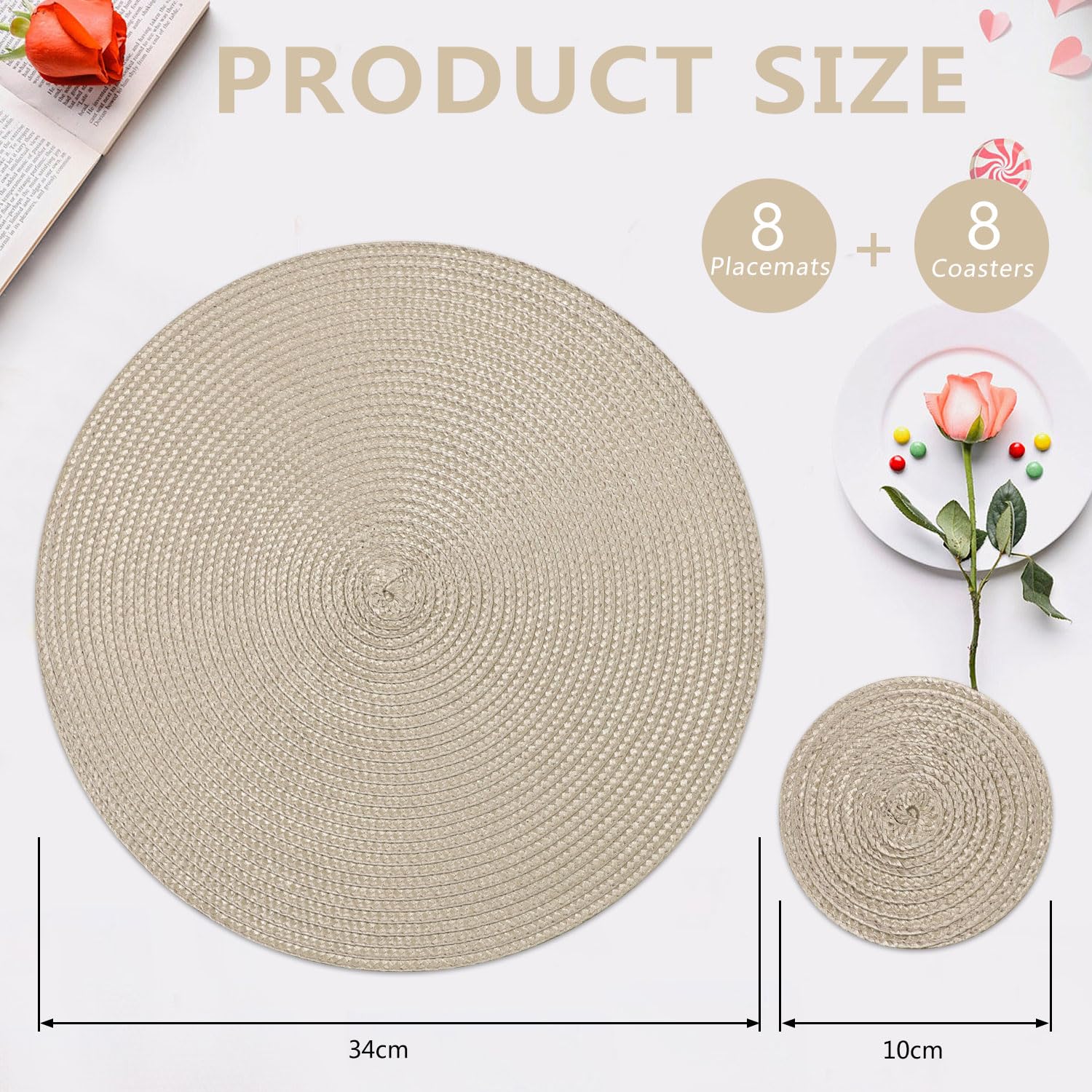 Homcomodar Round Table Place Mats and Coasters Set of 8 Heat Resistant Round Placemats Washable Dining Table Mats for Kitchen Dinner(Khaki) - Image 2