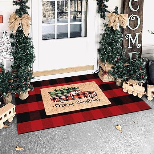 Miniatura 3 de KIMODE Buffalo - Alfombra de tela escocesa para exteriores, color rojo y negro, 24 x 51 pulgadas, lavable de Navidad, tapete de algodón reversible
