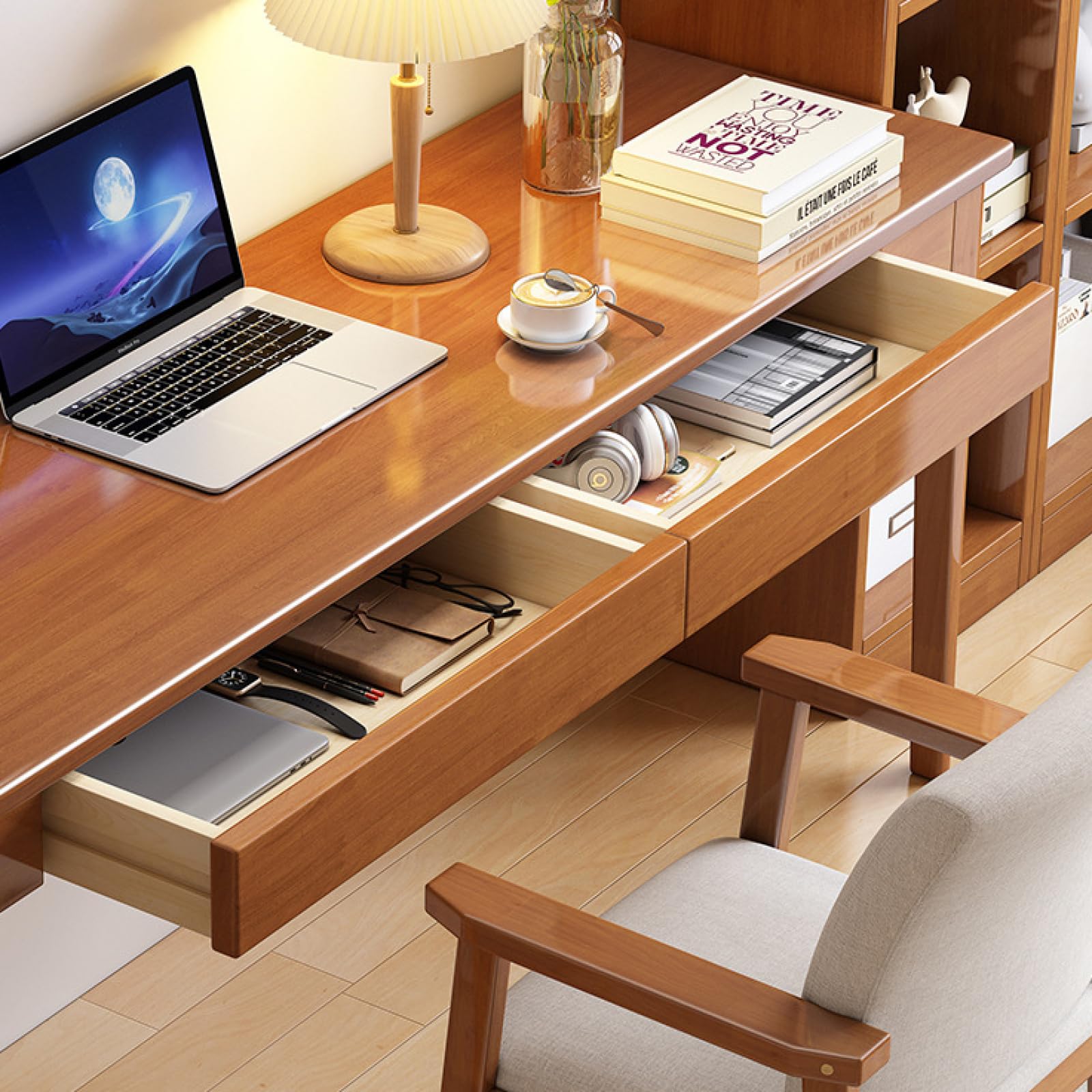 Escritorio de Madera de Roble 100% Macizo con Cajones de Almacenamiento, Diseño Moderno de Mediados de Siglo, Mesa de Estudio para Oficina en Casa, Dormitorio o Sala de Estar, 47 Pulgadas