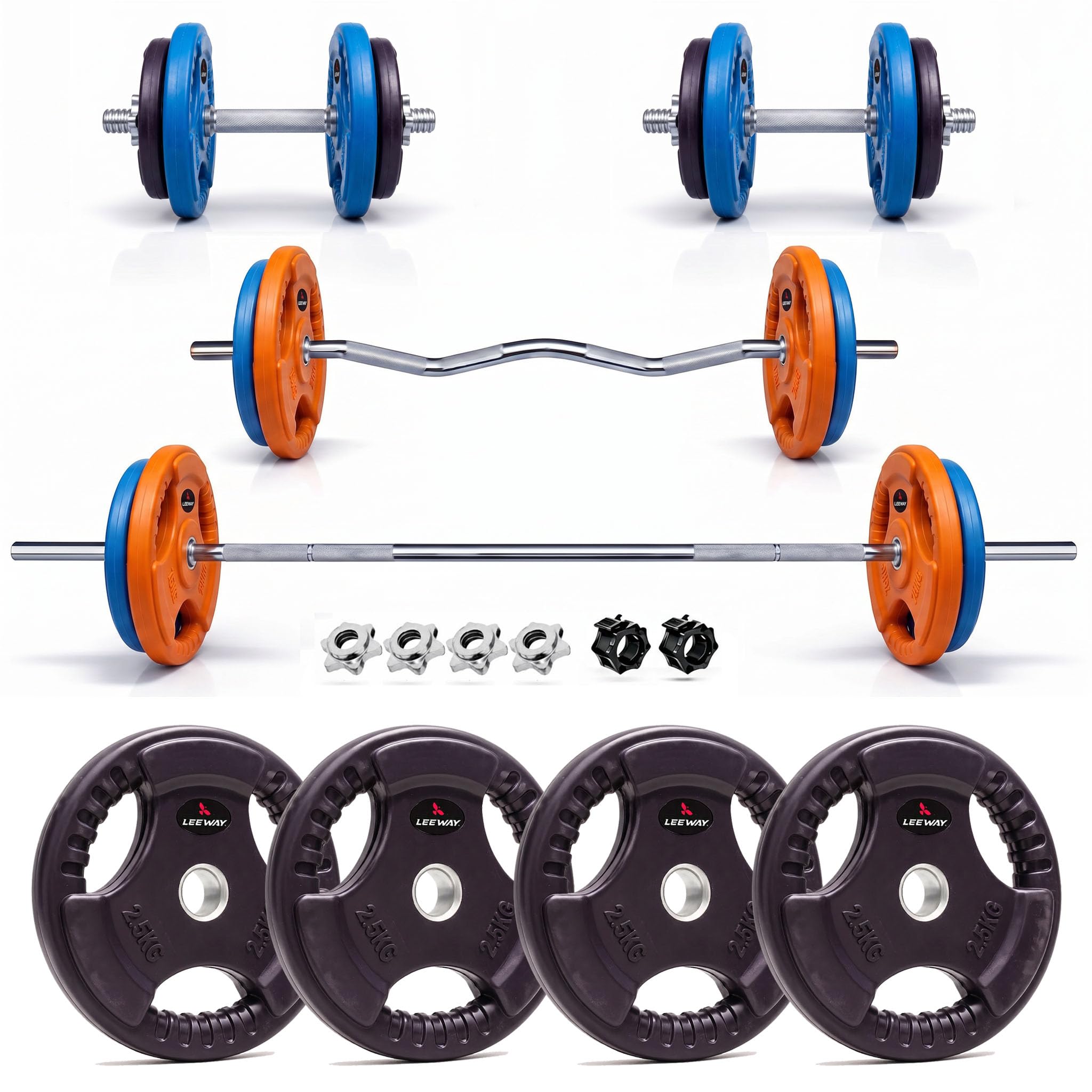 Leeway 10kg Combo | Home Gym Set for Men | Barbell Rod with Plates and Dumbbell Set | Rubber Weight Plate, 3 Ft Curl + 5 Ft Rod (28mm) | Weightlifting Gym Equipments for Home Workout Kit Zym,10kg Set (2.5X4))