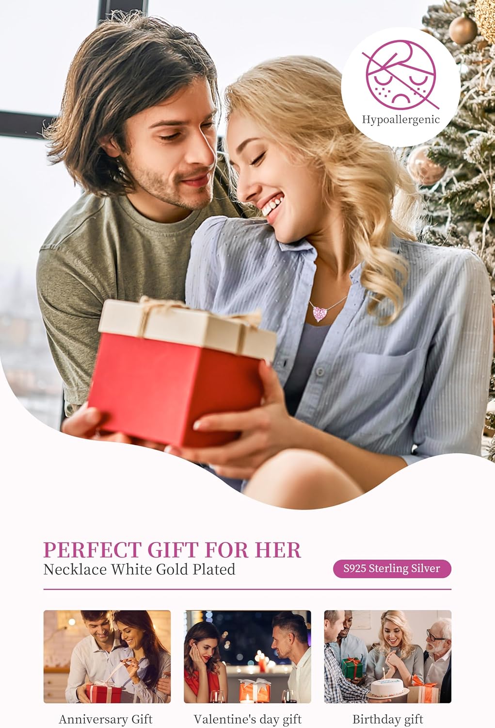 AINUOSHI Necklace for Women, Lab Simulated Diamond, Heart/Radiant/Oval/Pear/Round Cut Pendant, 925 Sterling Silver with 18K White Gold Plating, Christmas Gift, Jewelry Box Packed - Image 6