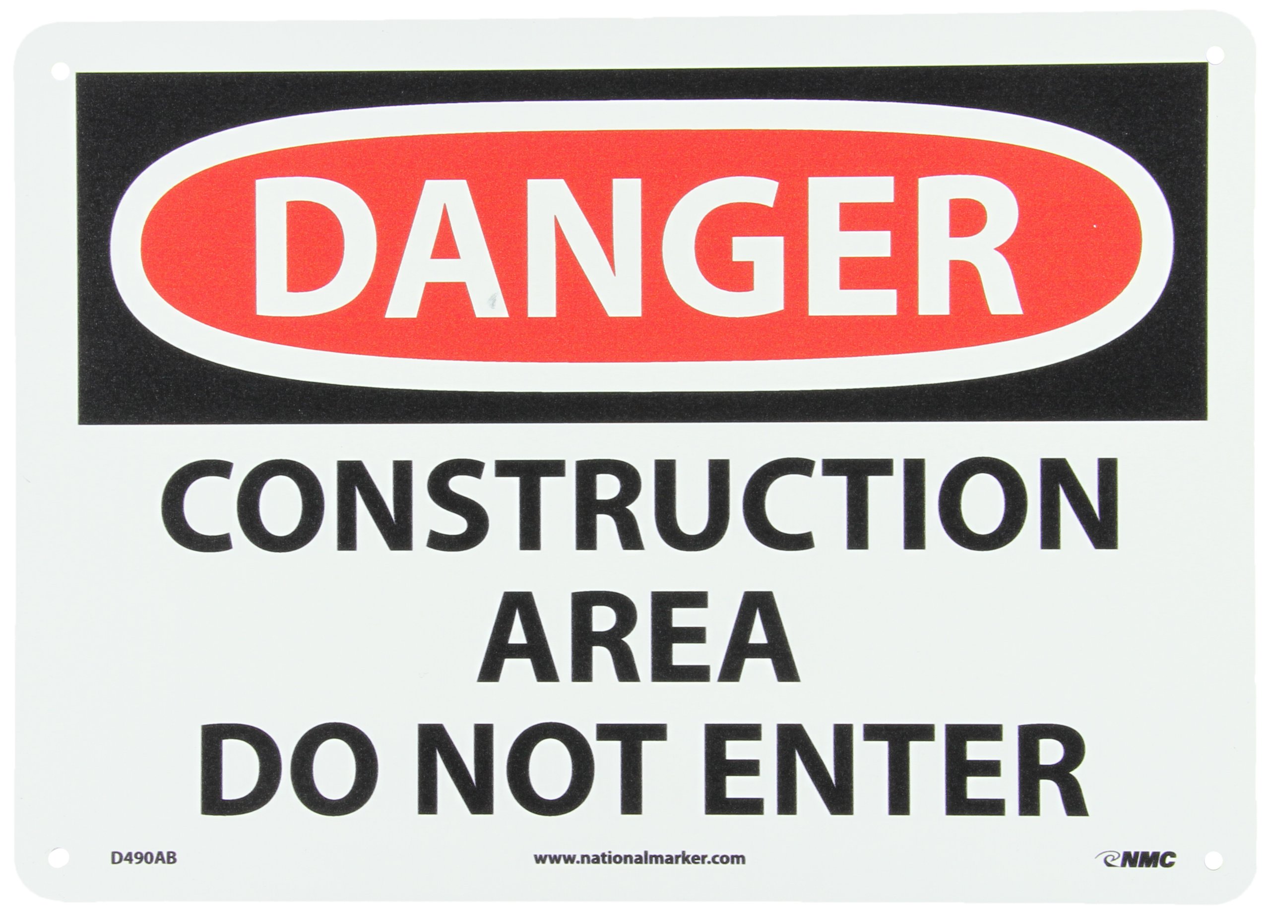 NMC D490AB OSHA Sign, Legend "DANGER - CONSTRUCTION AREA DO NOT ENTER", 14" Length x 10" Height, Aluminum, Red/Black on White