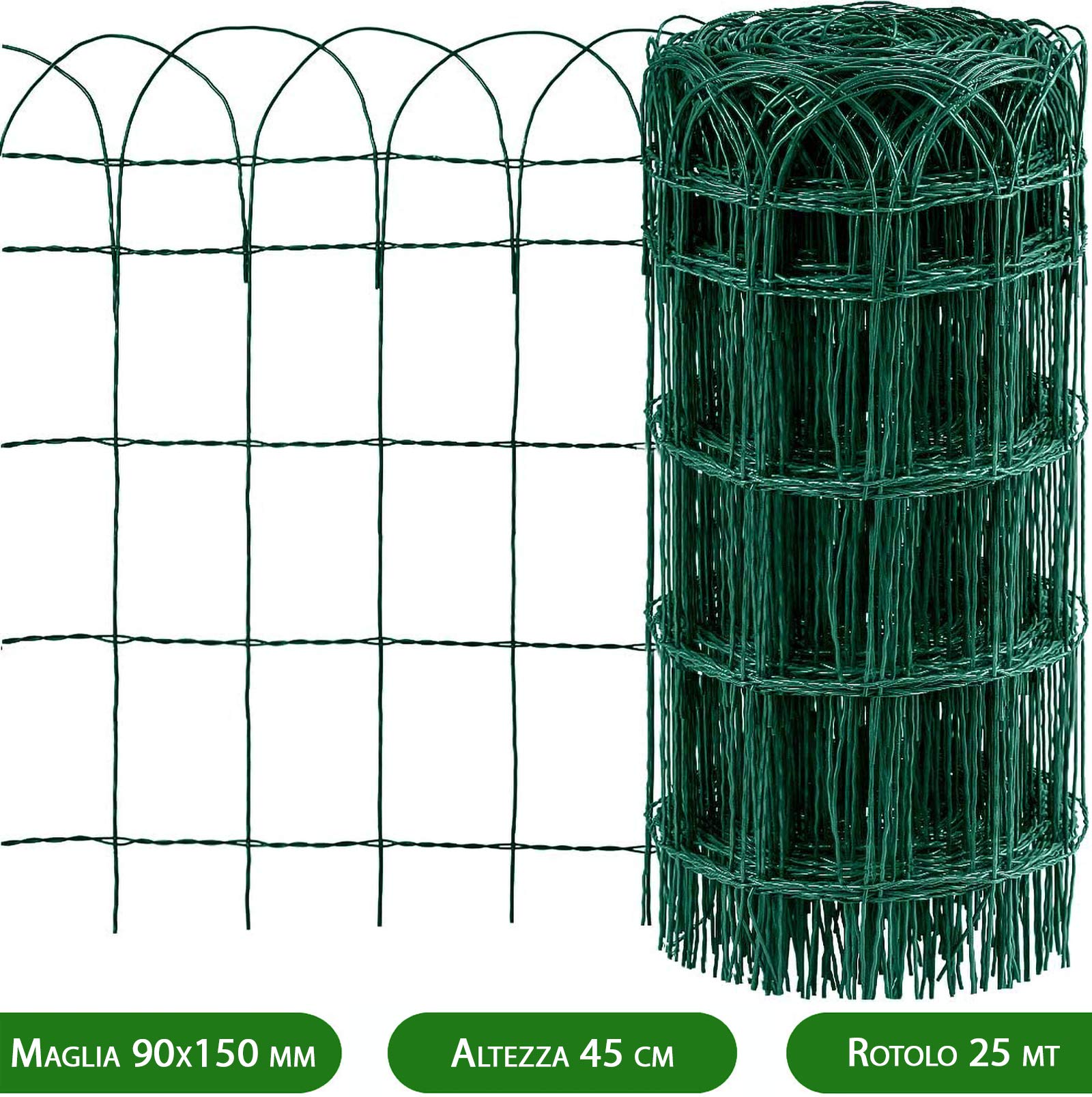 NEXTRADEITALIA CF da 1 PZ RETE PER RECINZIONE ORNAMENTALE PLASTIFICATA | ALTEZZA H 45 CM | MAGLIA INTRECCIATA 90X150 MM | FILO Ø 2,8 MM | LUGHEZZA ROTOLO DA 25 MT VERDE