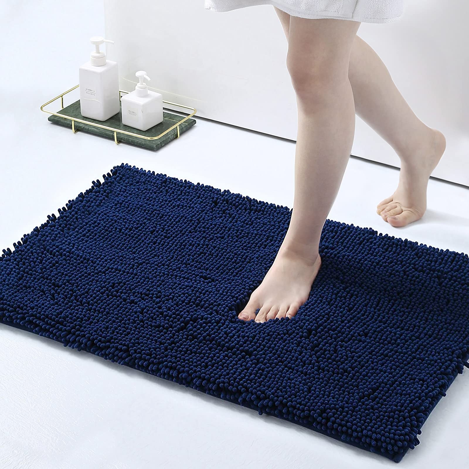 Smiry Luxury Chenille Bath Rug, Extra Soft and Absorbent Shaggy Bathroom Mat Rugs, Machine Washable, Non-Slip Plush Carpet Runner for Tub, Shower, and Bath Room(17''x24'', Navy Blue)