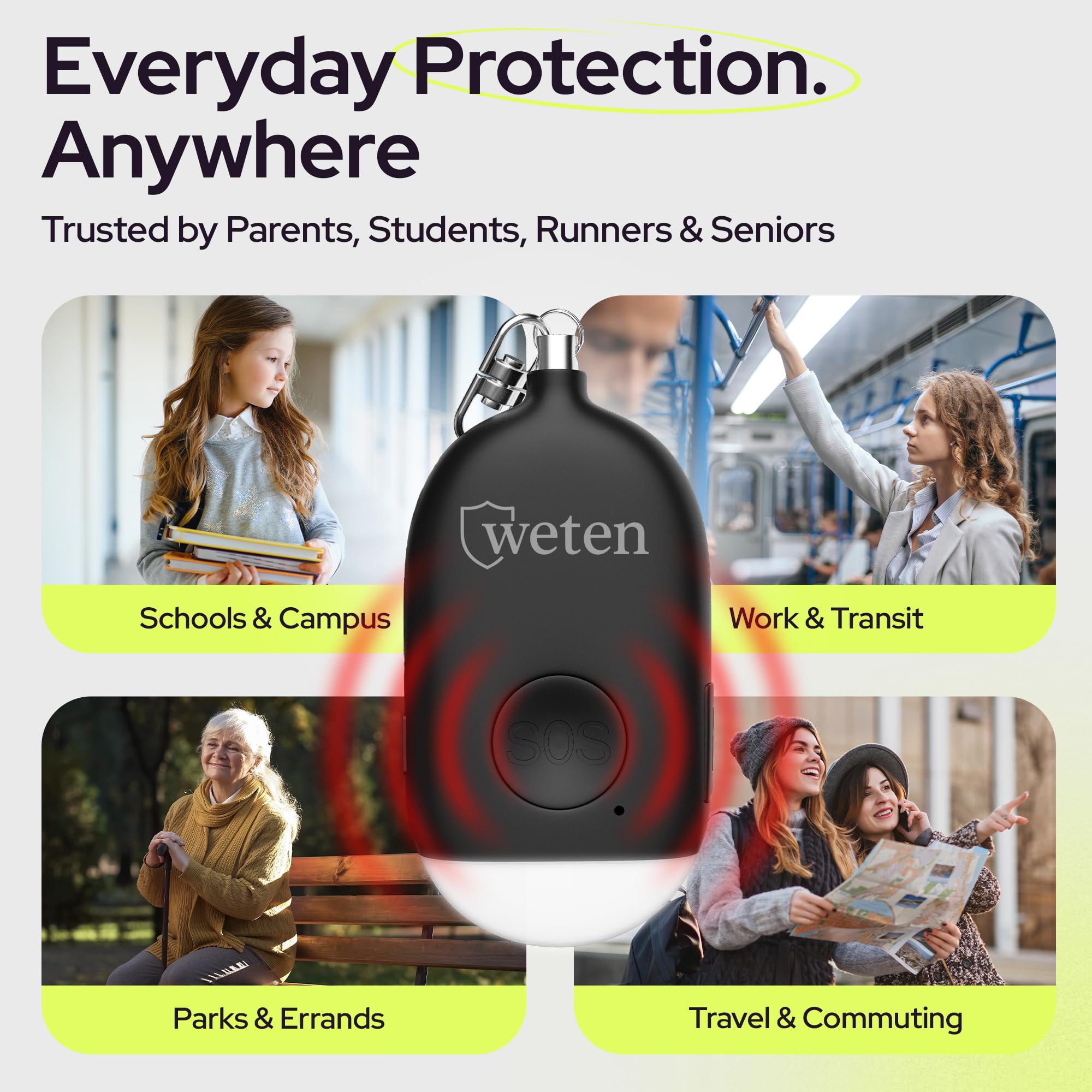 Weten Rechargeable Personal Alarm Keychain - 130dB Siren & LED Light - Stylish Personal Safety Alert for Women to Carry - Panic Button Alarm for Security - Rape Whistle for Self Defense (Black)