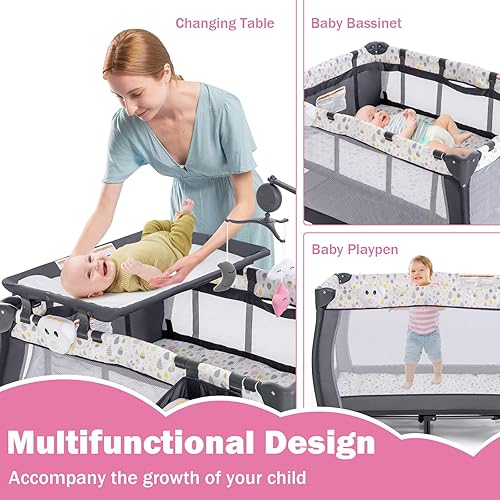 Miniatura 2 de HONEY JOY Pack and Play, corralito portátil 3 en 1 con moisés, cambiador, ruedas bloqueables, caja de música, centro de guardería plegable para cuna