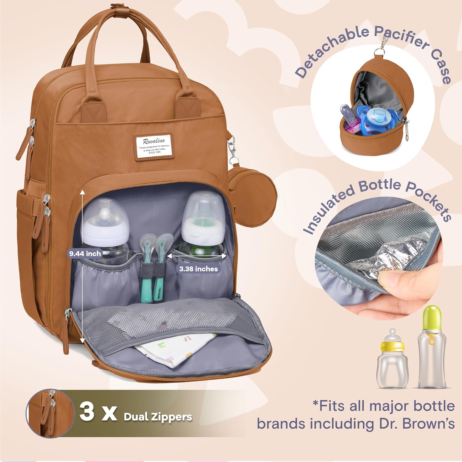 RUVALINO Diaper Bag Backpack-Multifunction Baby Travel Bag with Changing pad, Insulated Bottle Holders & Pacifier Case, Large Capacity, Waterproof, Dark Brown - Image 2