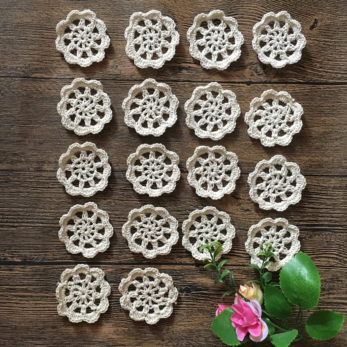 MINDPLUS 2 Inch Small Doilies for Crafts Crocheted Lace Cotton Flowers Embellishments Mini Hand Made Crochet Lace Doilies Appliques Patches,Set of 18 (Beige, 2