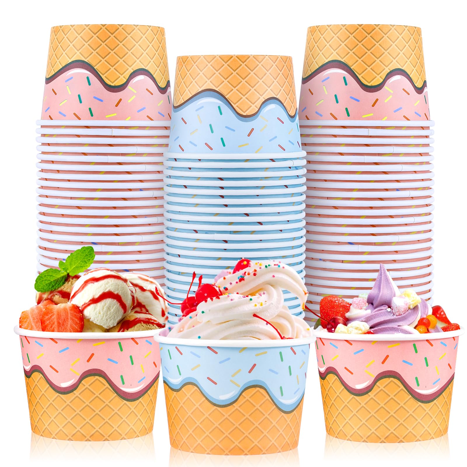 DI QIU REN 100 Pack 8 oz Disposable Ice Cream Cups - Bulk Paper Ice Cream Sundae Bowls for Dessert, Frozen Yogurt, Party Supplies, Hot & Cold Snack
