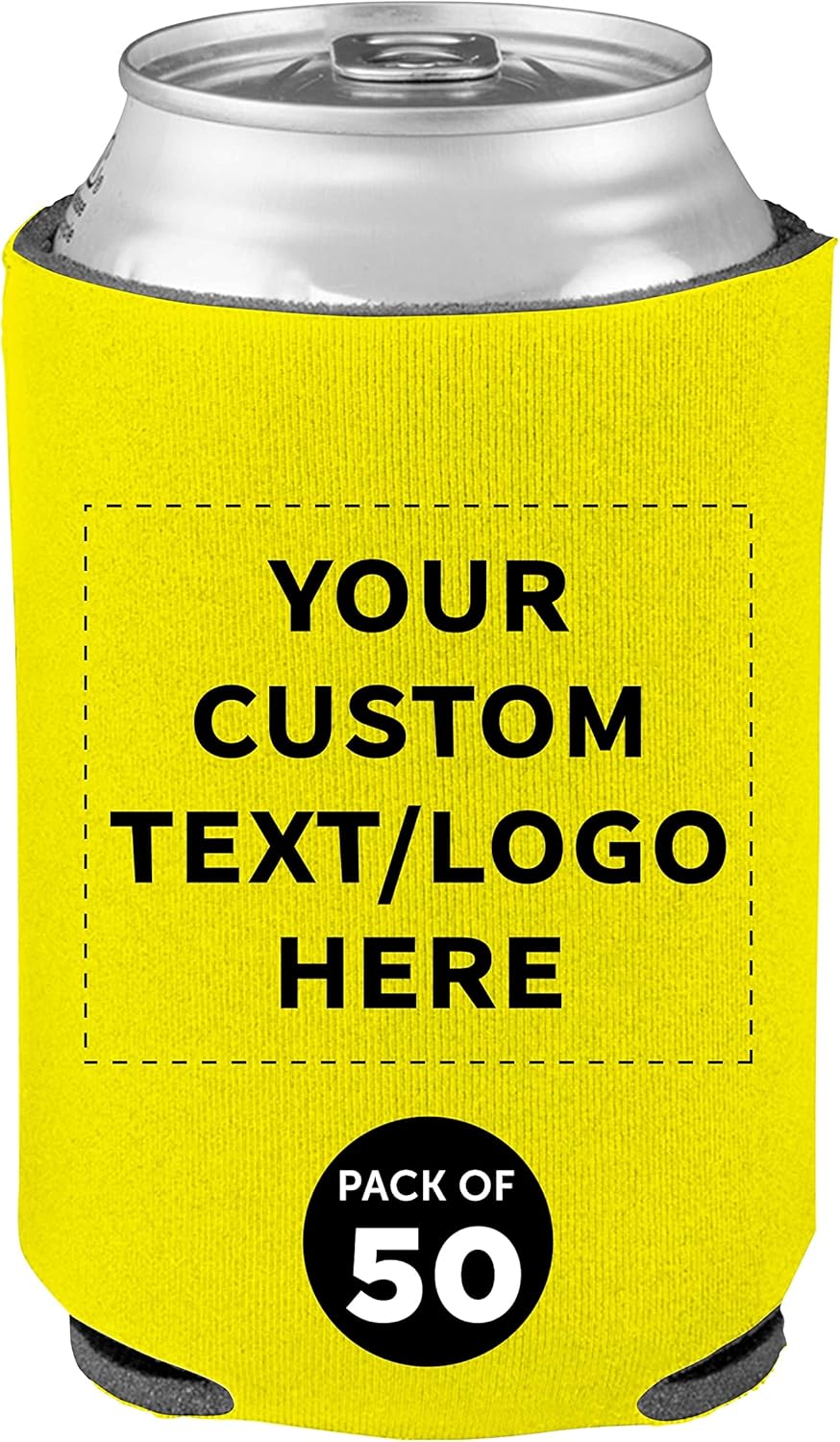 DISCOUNT PROMOS Custom Collapsible Beer Can Coolers 4mm Set of 50, Personalized Bulk Pack - Great for Beer, Soda, Other Beverages - Yellow
