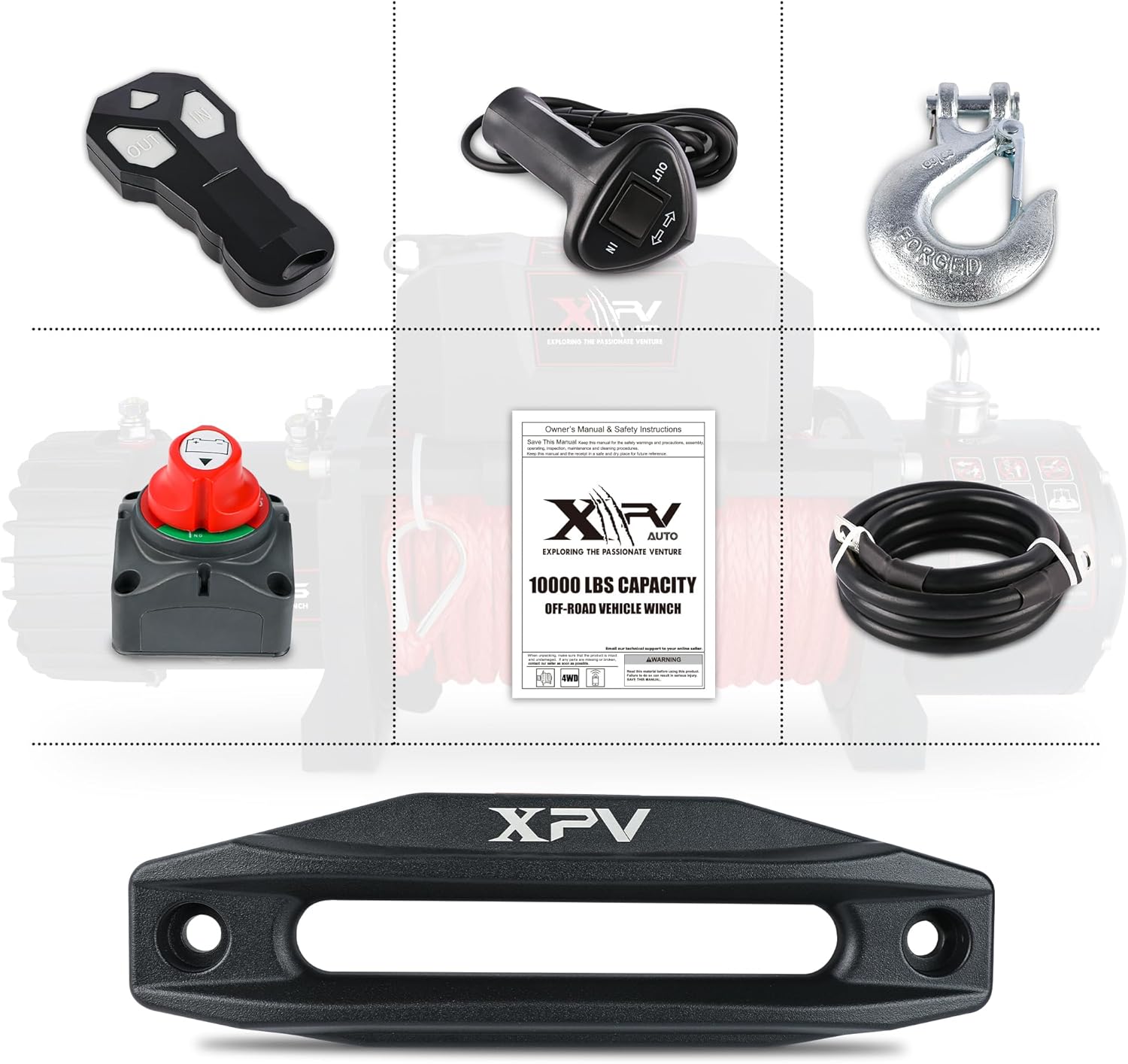 XPV AUTO Winch 10000 lb. Electric Winch Truck Winch Waterproof IP67 Electric Winch Synthetic Rope Kit with 2 Wireless Handheld Remotes and Wired Handle for 4WD 4x4 Off Road Vehicle Boat Truck