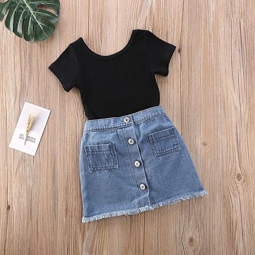 Miniatura 3 de Conjunto de ropa de verano con volantes y hombros descubiertos y pantalones cortos de mezclilla para niñas pequeñas