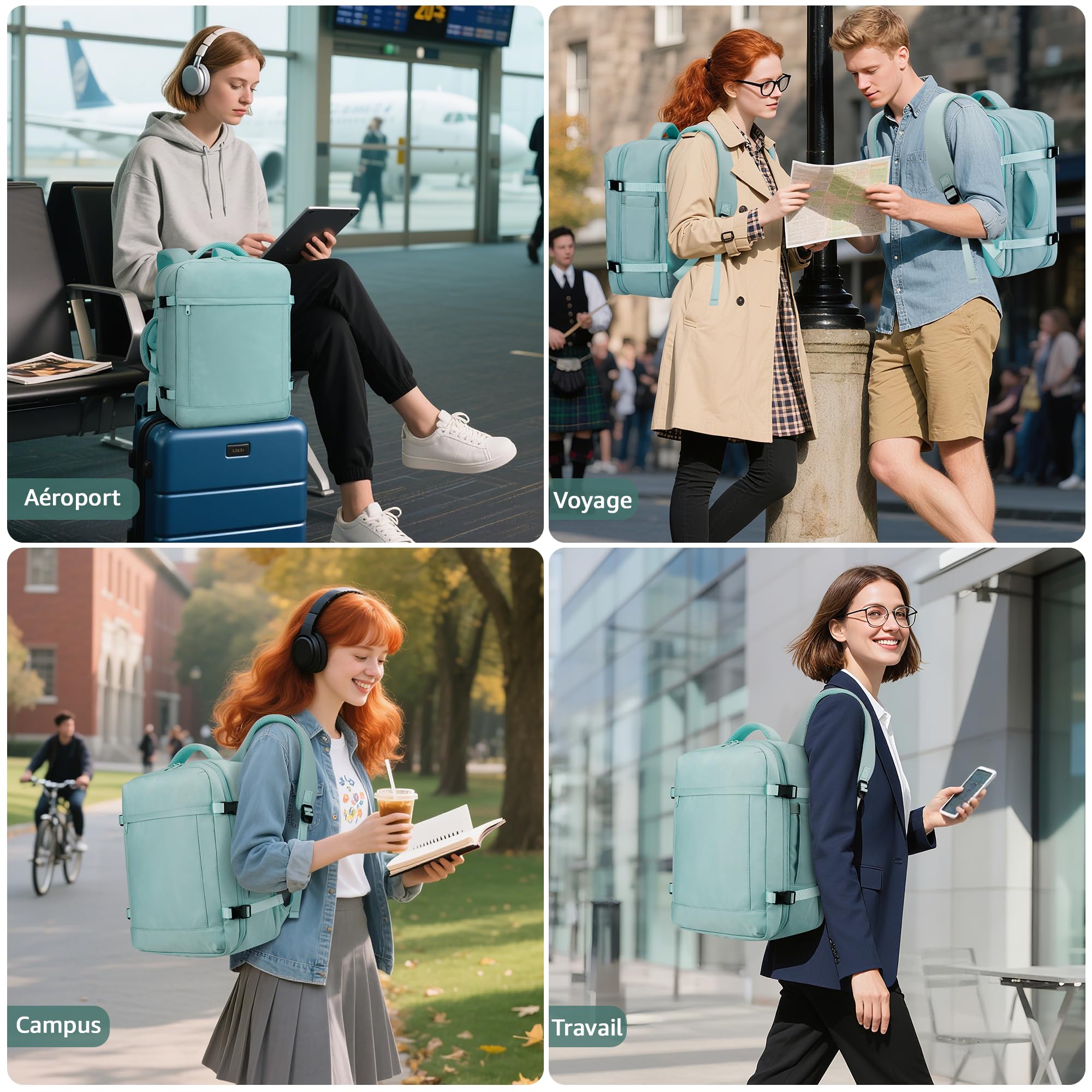 VSNOON Bagage Cabine 40x30x20, 24L Sac a Dos Voyage Cabine Avion à Main avec Poche Humides, Sac à Dos Ordinateur 15 Pouces pour Ryanair, Wizz Air, Transavia, Étanche Bagage pour Homme Femme, Vert
