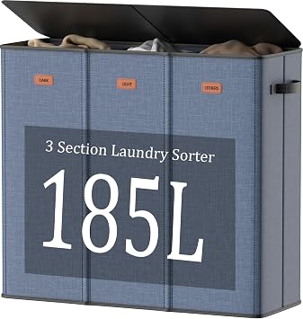 185L Laundry Hamper 3 Section with Lid, Navy Blue 3 Compartment Laundry hamper with 3 Removable Laundry Bags, Large Laundry Basket for Bedroom, Laundry Room, Dorm,