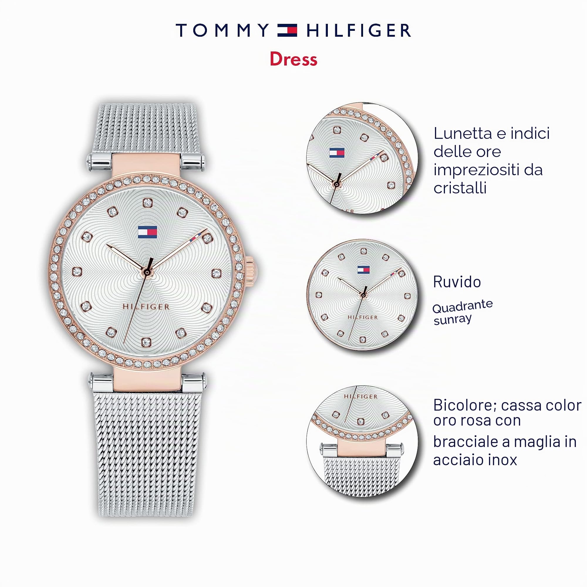 Tommy Hilfiger Orologio Analogico al Quarzo da Donna con Cinturino in Maglia Metallica in Acciaio Inossidabile Argentato - 1782506