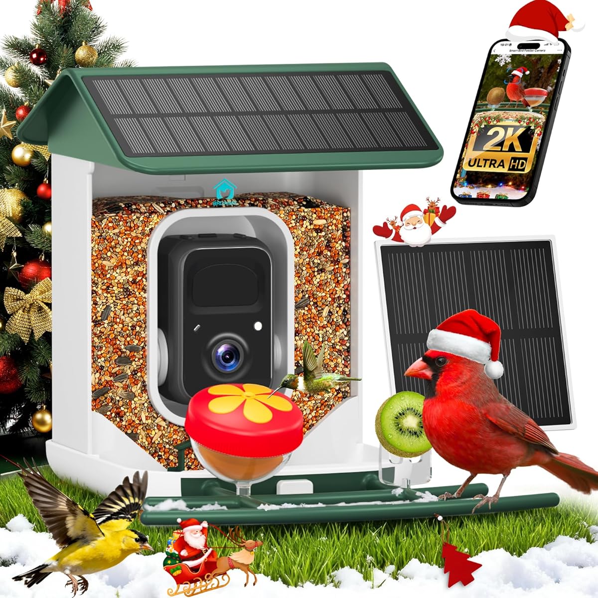 Smart Bird Feeder with Camera-AI Identify 11,000+ Species, 2K HD Auto Capture Birds Video & 64G TF Card, Solar-Powered Wireless Outdoor Design, Birdhouse with Built-in Two-Way Microphone